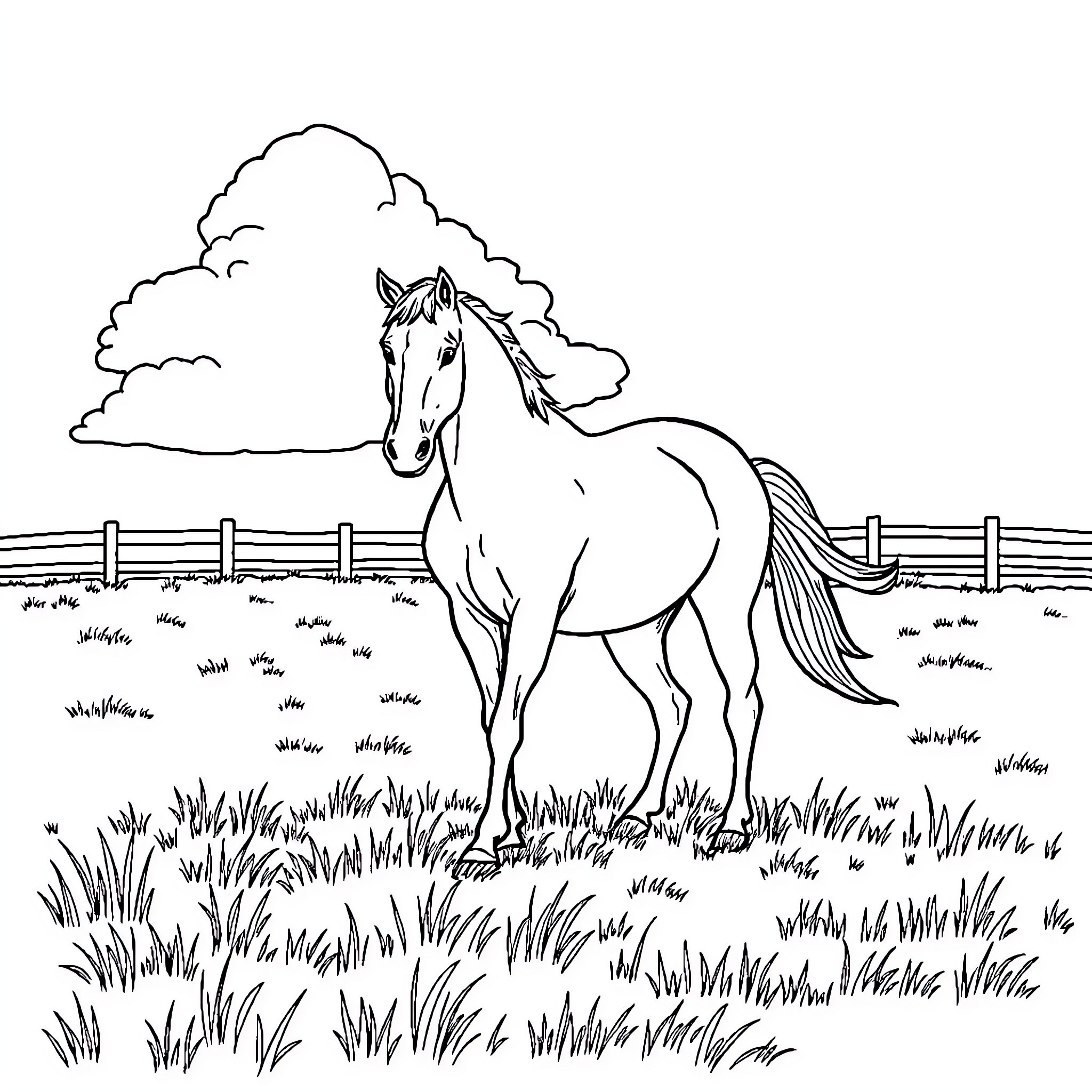 Horse standing tall in a pastoral field Coloring Page (free black-and-white line drawing printable PDF for all, from beginners to advanced learners, including children, teens, adults, and seniors)