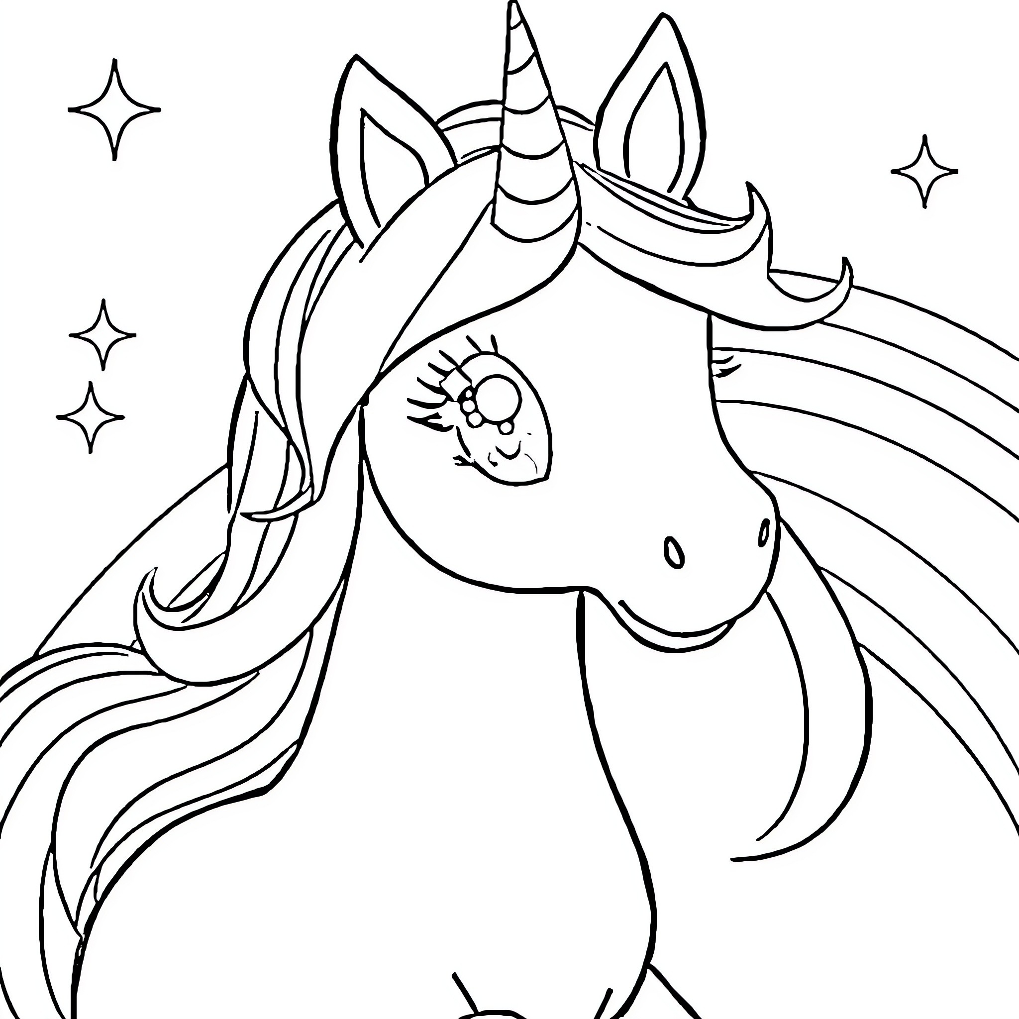 Unicorn with whimsical expression and starry background Coloring Page (free black-and-white line drawing printable PDF for all, from beginners to advanced learners, including children, teens, adults, and seniors)