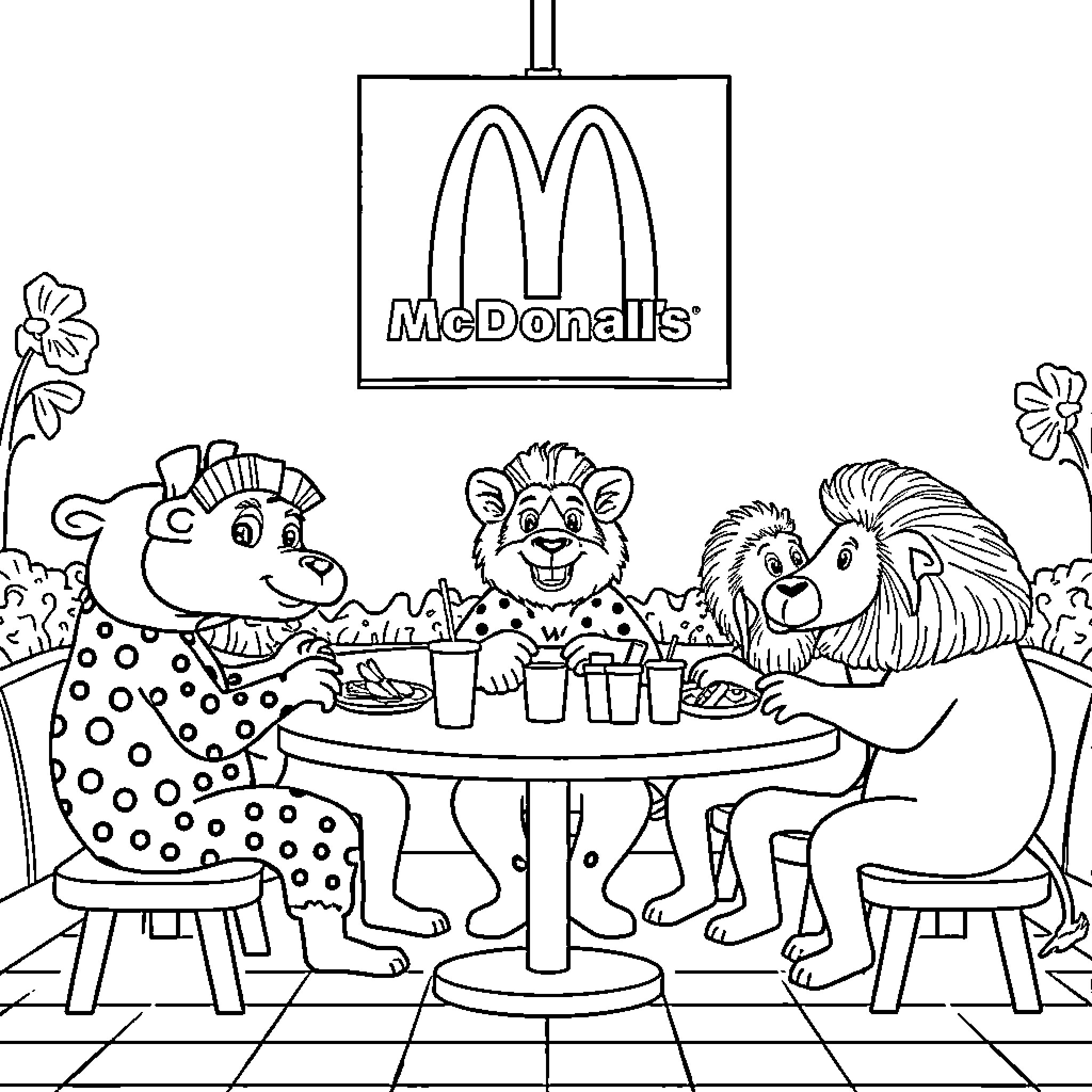 Animal Characters Dining at a Fast Food Restaurant Coloring Page (free black-and-white line drawing printable PDF for all, from beginners to advanced learners, including children, teens, adults, and seniors)