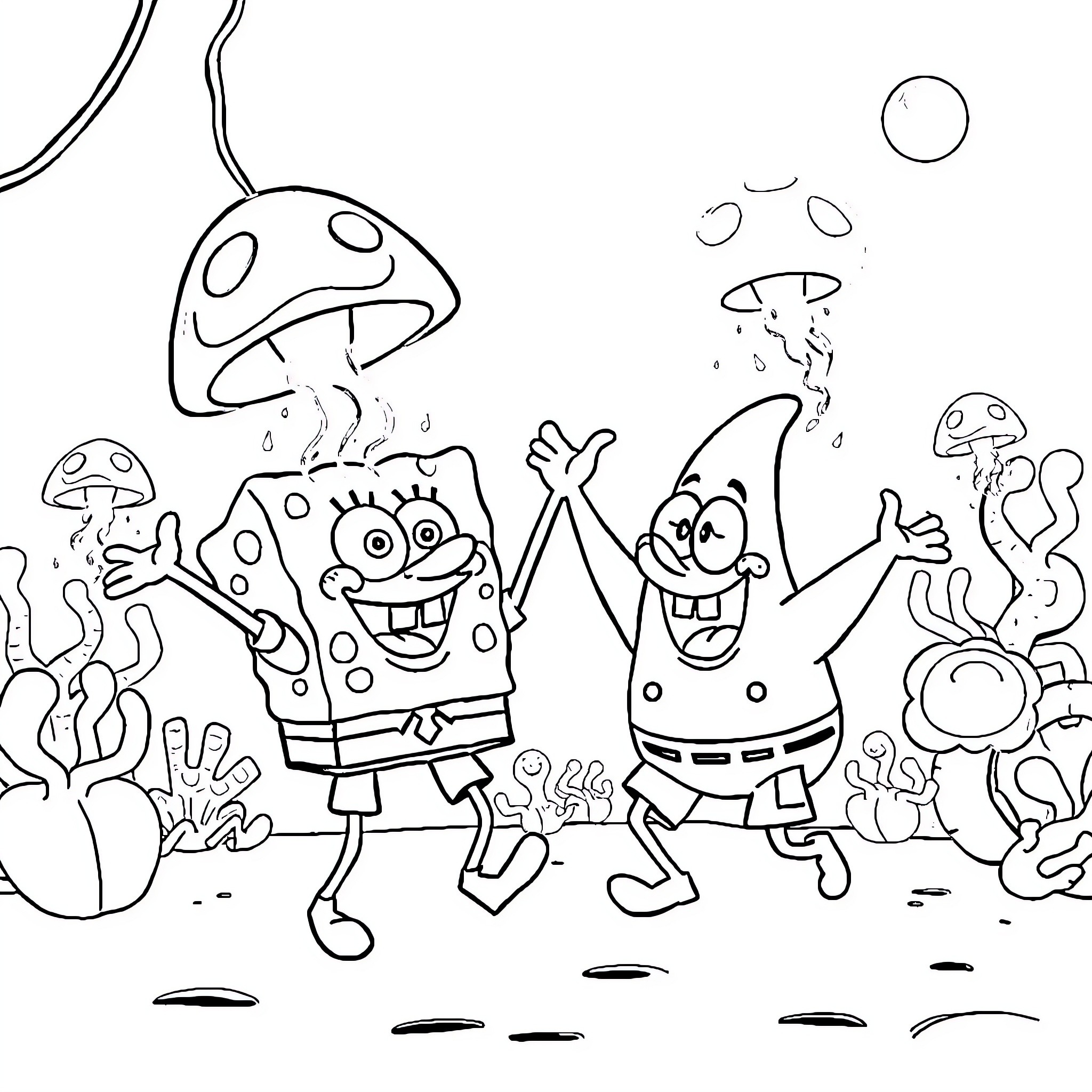 Spongebob and friends exploring an underwater scene Coloring Page (free black-and-white line drawing printable PDF for all, from beginners to advanced learners, including children, teens, adults, and seniors)