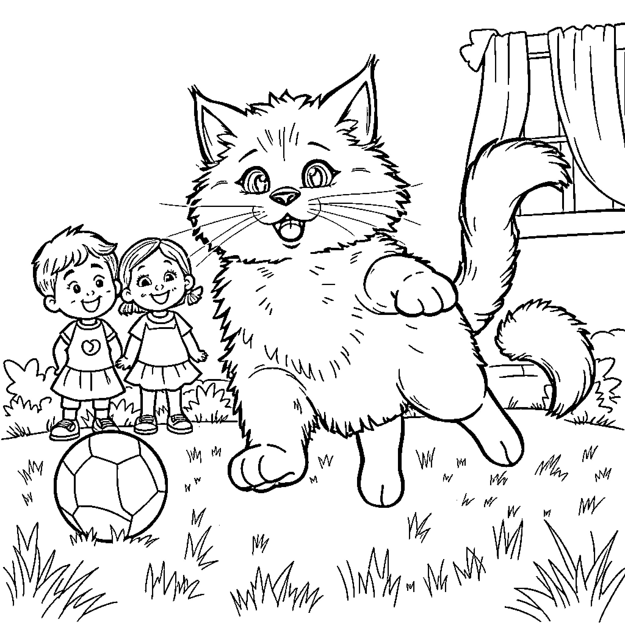 Cat playing with children in the park Coloring Page (free black-and-white line drawing printable PDF for all, from beginners to advanced learners, including children, teens, adults, and seniors)