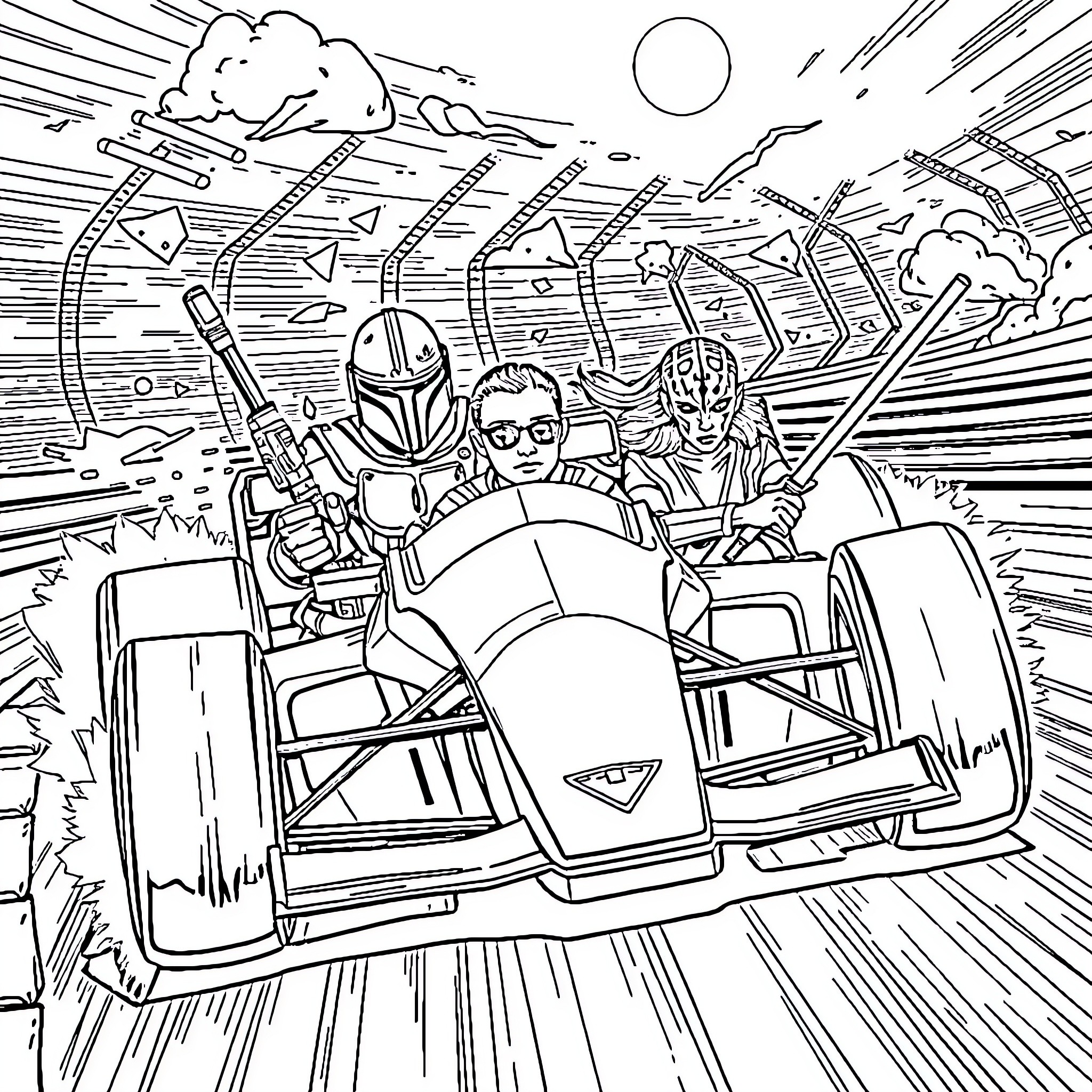 F1 Car racing with drivers in intense action Coloring Page (free black-and-white line drawing printable PDF for all, from beginners to advanced learners, including children, teens, adults, and seniors)