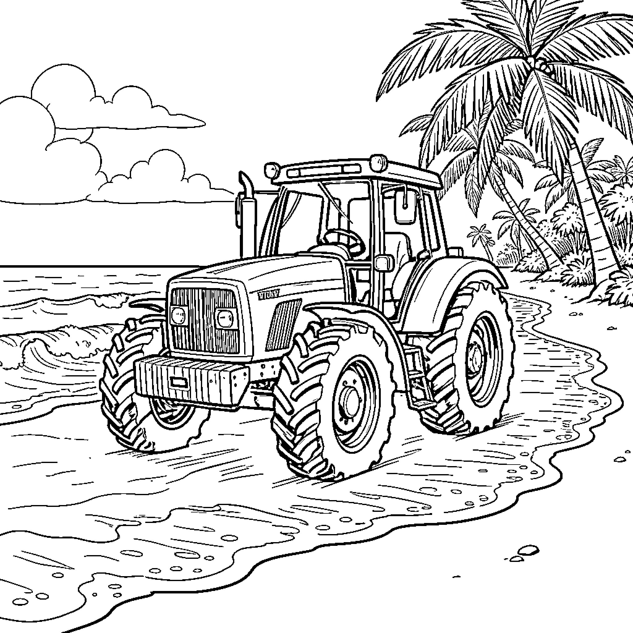Tractor driving along the edge of the ocean waves Coloring Page (free black-and-white line drawing printable PDF for all, from beginners to advanced learners, including children, teens, adults, and seniors)