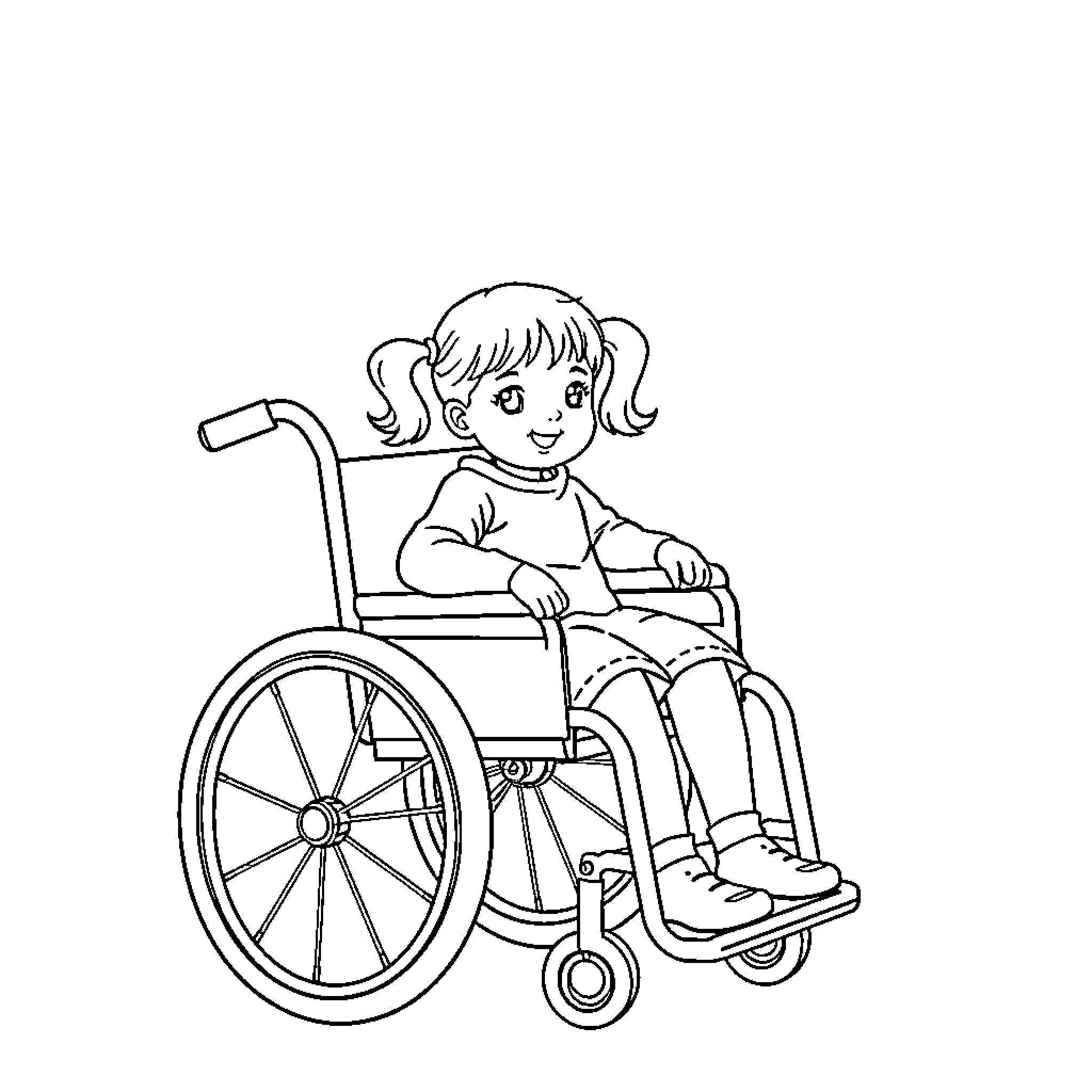 Girl in Wheelchair Smiling Coloring Page (free black-and-white line drawing printable PDF for all, from beginners to advanced learners, including children, teens, adults, and seniors)