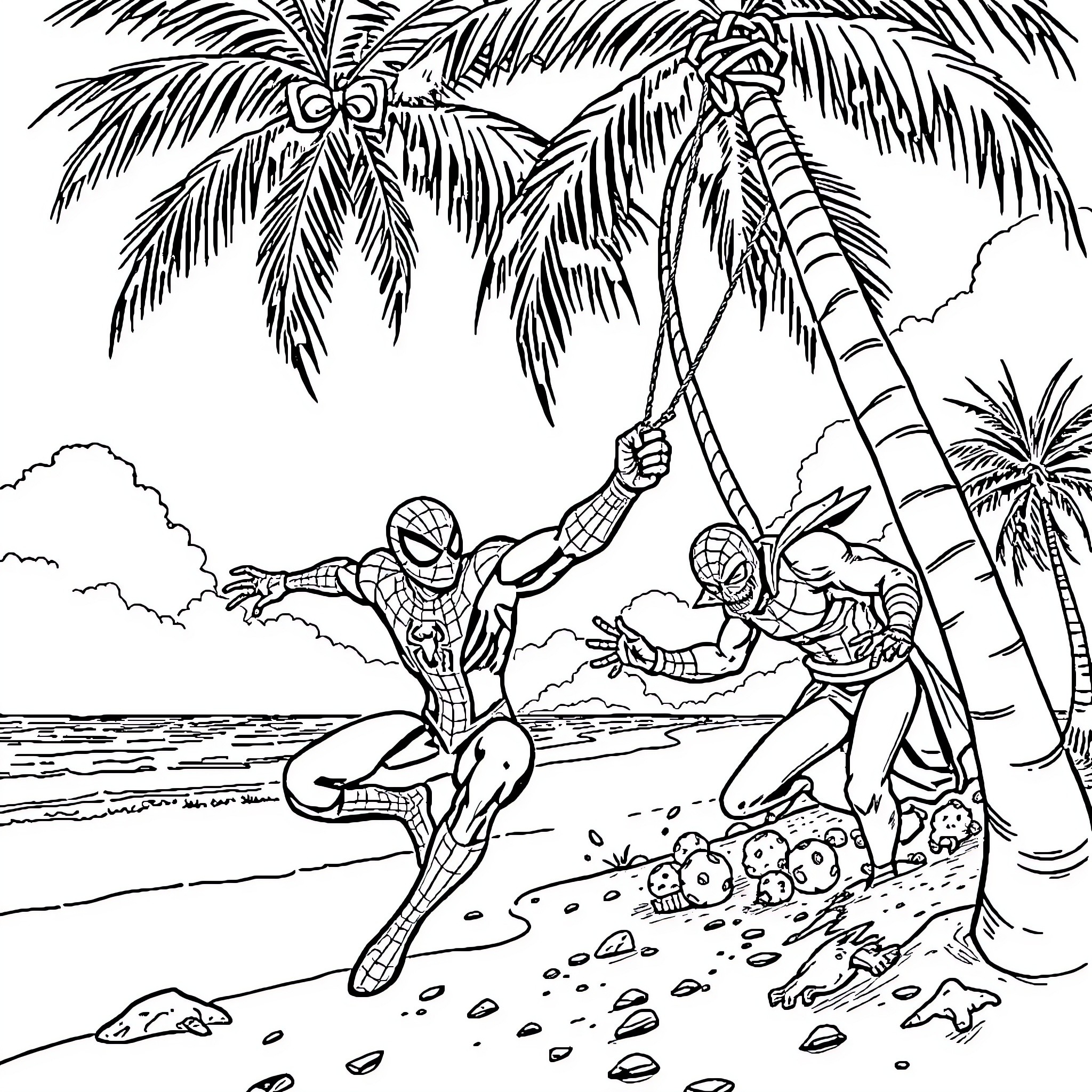 Spiderman's tropical beach adventure Coloring Page (free black-and-white line drawing printable PDF for all, from beginners to advanced learners, including children, teens, adults, and seniors)
