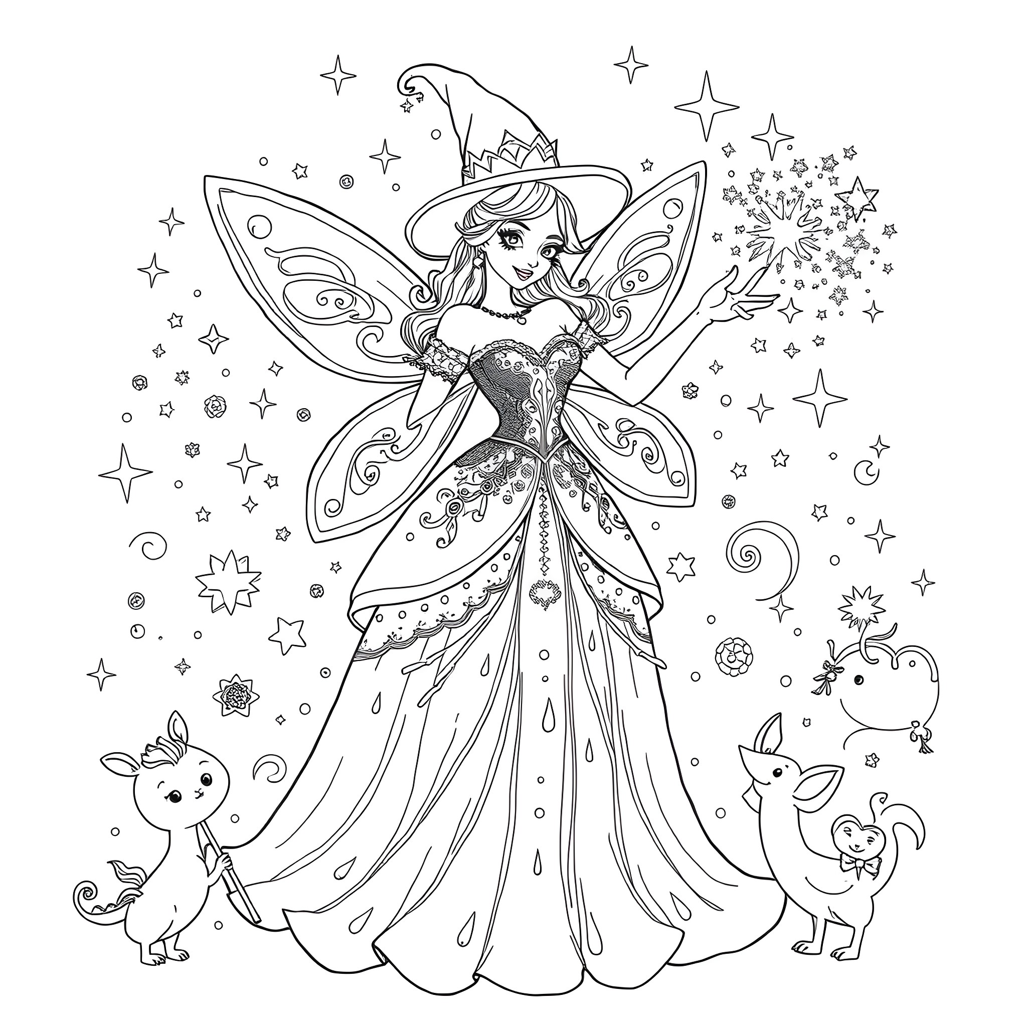 Fairy Godmother casting magical spells with animals Coloring Page (free black-and-white line drawing printable PDF for all, from beginners to advanced learners, including children, teens, adults, and seniors)
