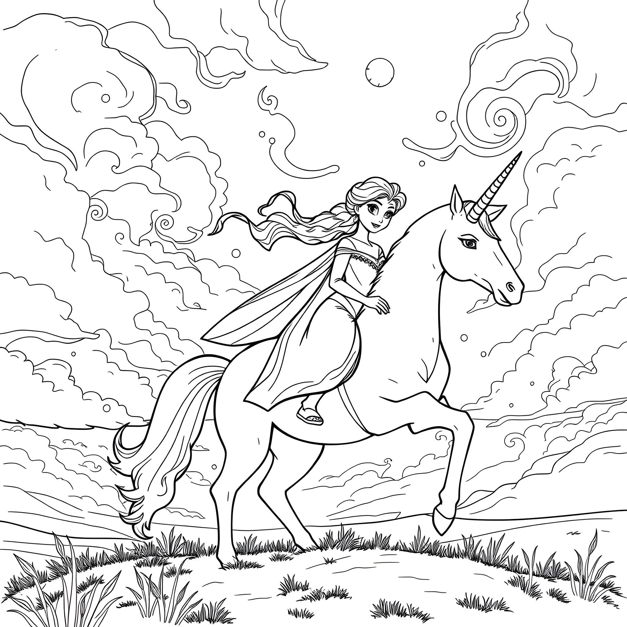 Elsa riding a unicorn in a magical landscape Coloring Page (free black-and-white line drawing printable PDF for all, from beginners to advanced learners, including children, teens, adults, and seniors)