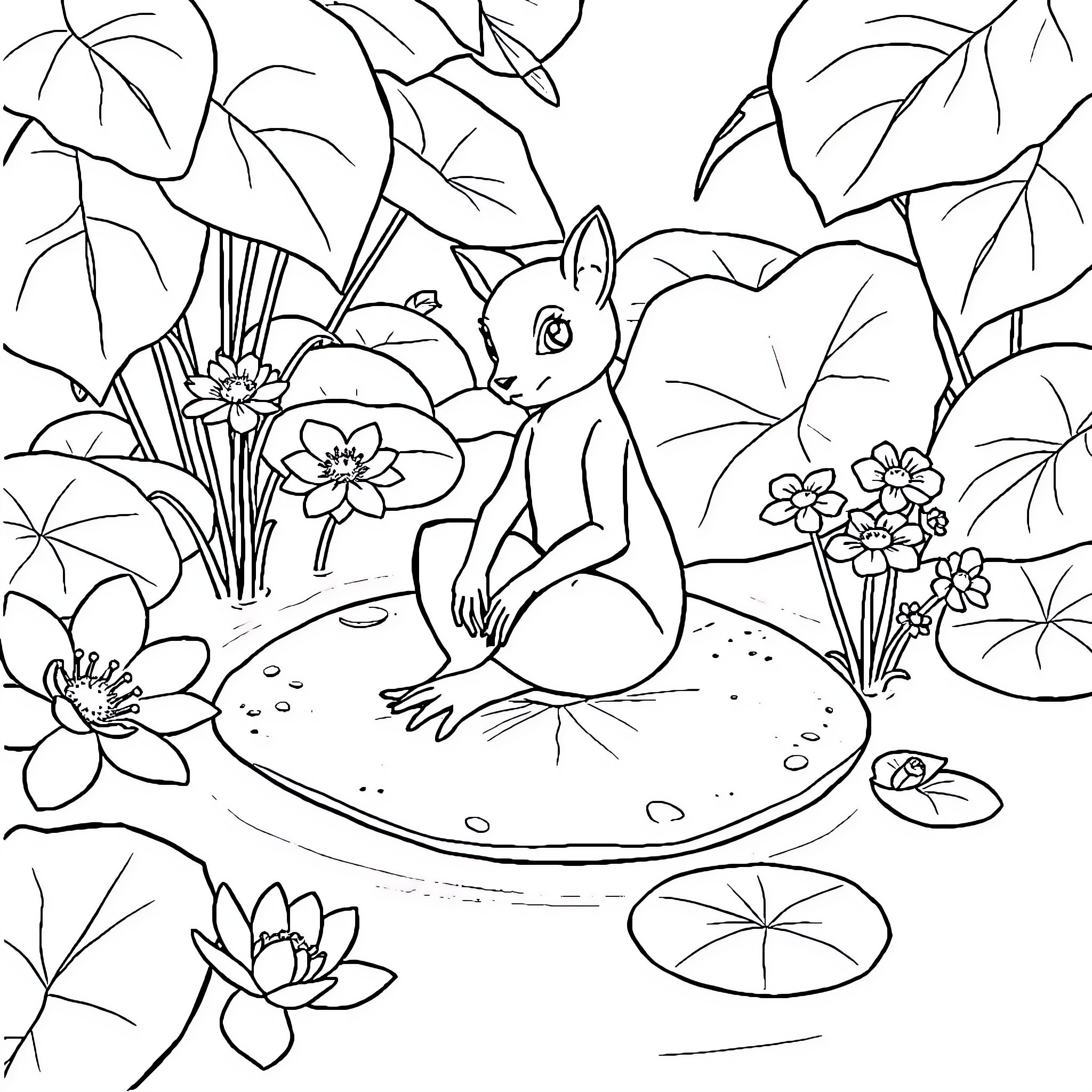 Rana frolicking amidst lush floral scenery Coloring Page (free black-and-white line drawing printable PDF for all, from beginners to advanced learners, including children, teens, adults, and seniors)