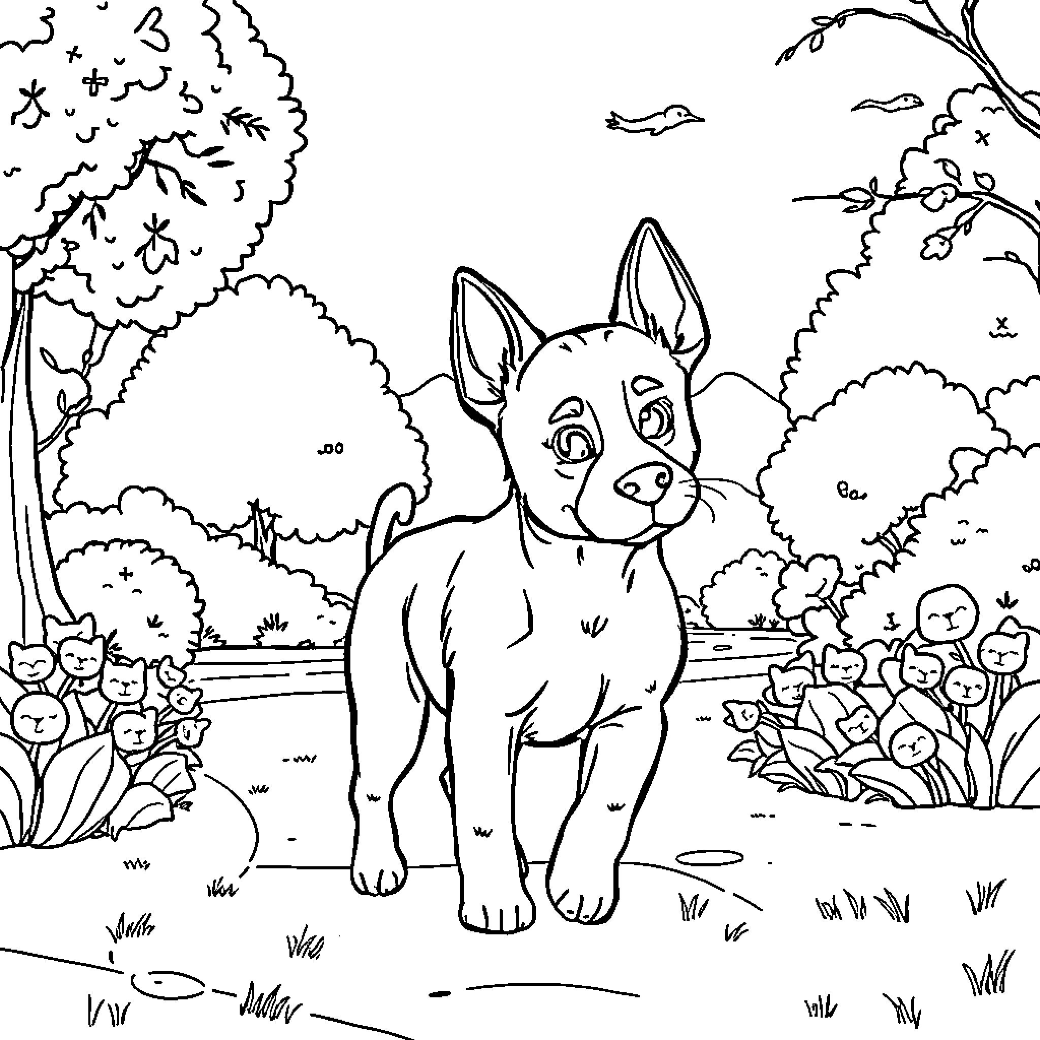 Dog exploring the lush garden Coloring Page (free black-and-white line drawing printable PDF for all, from beginners to advanced learners, including children, teens, adults, and seniors)