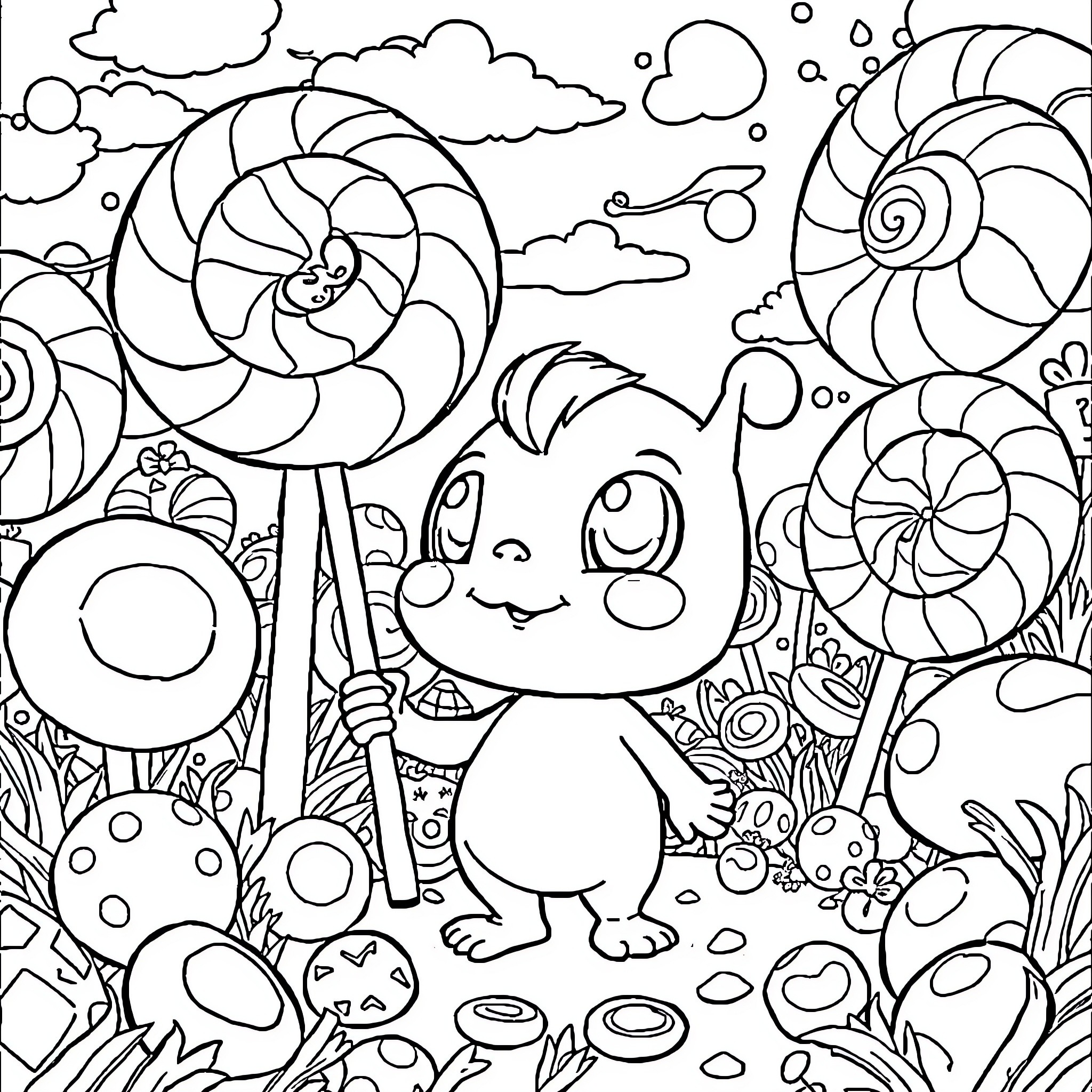 Sprunki enjoying a whimsical candy-filled wonderland Coloring Page (free black-and-white line drawing printable PDF for all, from beginners to advanced learners, including children, teens, adults, and seniors)