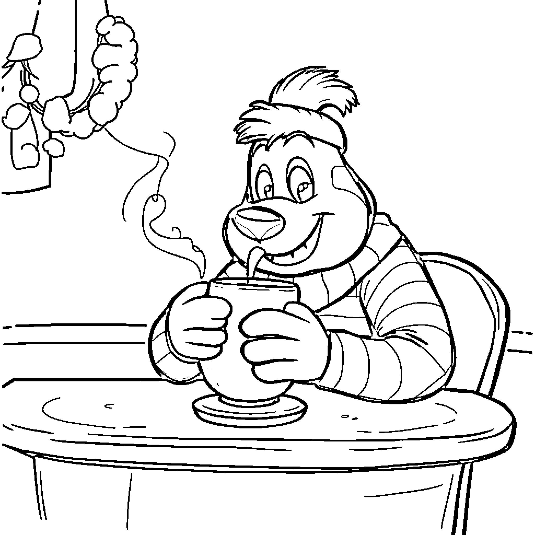 Brutus Buckeye enjoying a treat at the counter Coloring Page (free black-and-white line drawing printable PDF for all, from beginners to advanced learners, including children, teens, adults, and seniors)