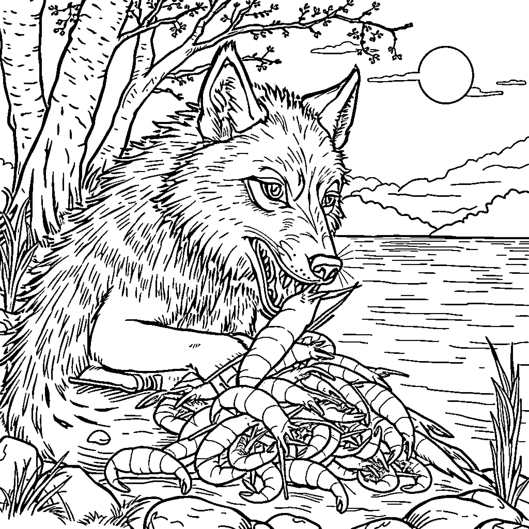 Wolf hunting prey in the wilderness Coloring Page (free black-and-white line drawing printable PDF for all, from beginners to advanced learners, including children, teens, adults, and seniors)