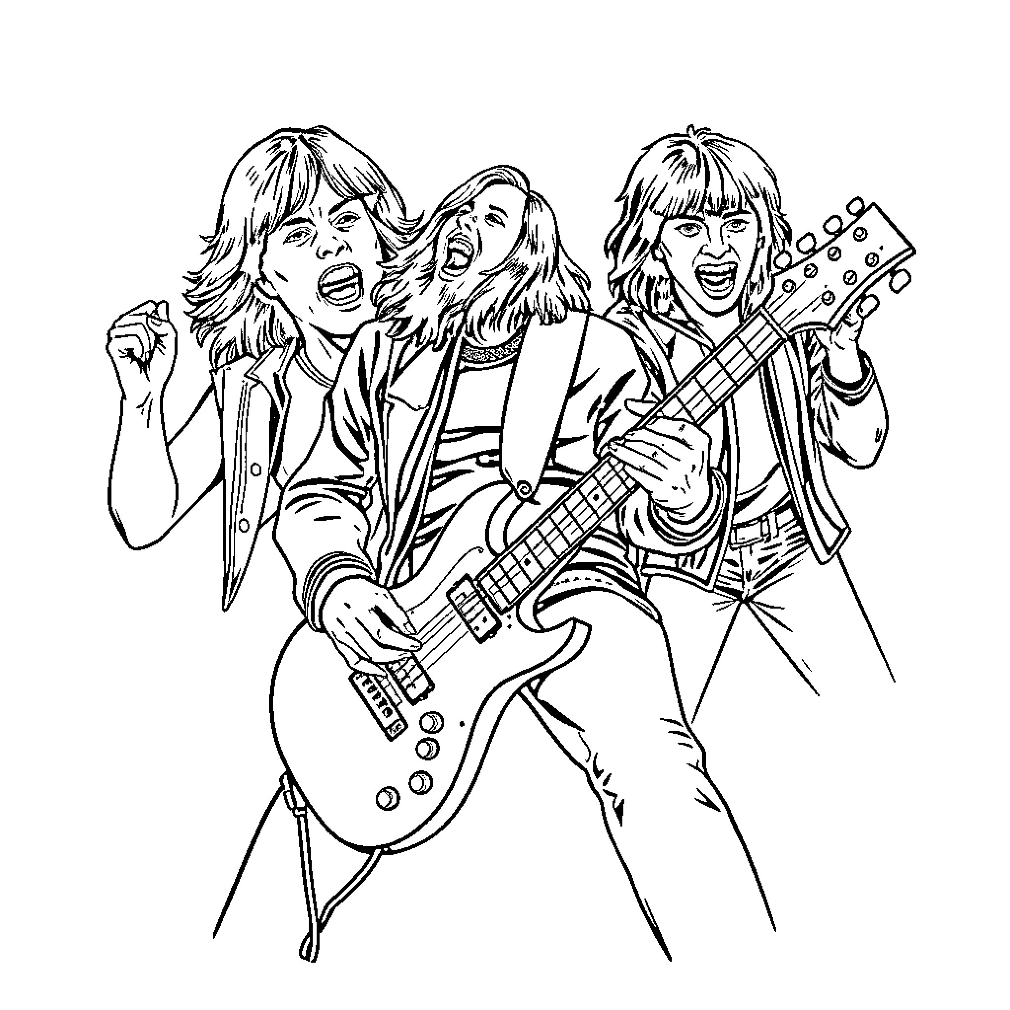 ACDC Rock Stars Rocking Out on Stage Coloring Page (free black-and-white line drawing printable PDF for all, from beginners to advanced learners, including children, teens, adults, and seniors)