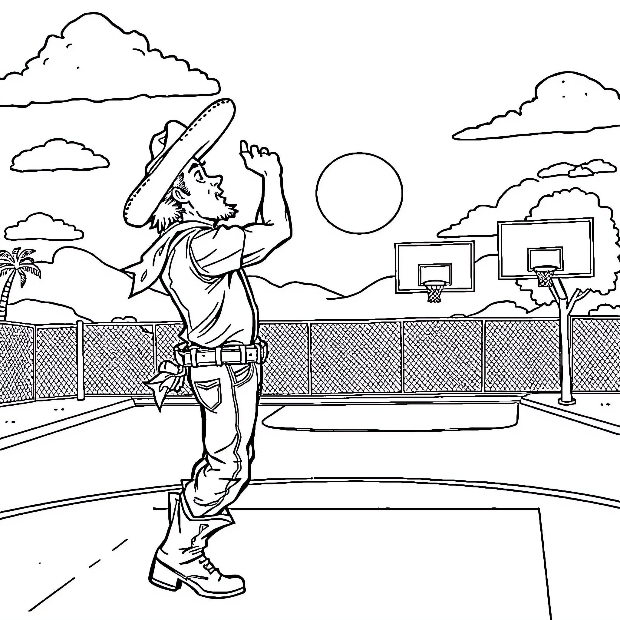 Cowboy Playing Basketball on Court Coloring Page (free black-and-white line drawing printable PDF for all, from beginners to advanced learners, including children, teens, adults, and seniors)