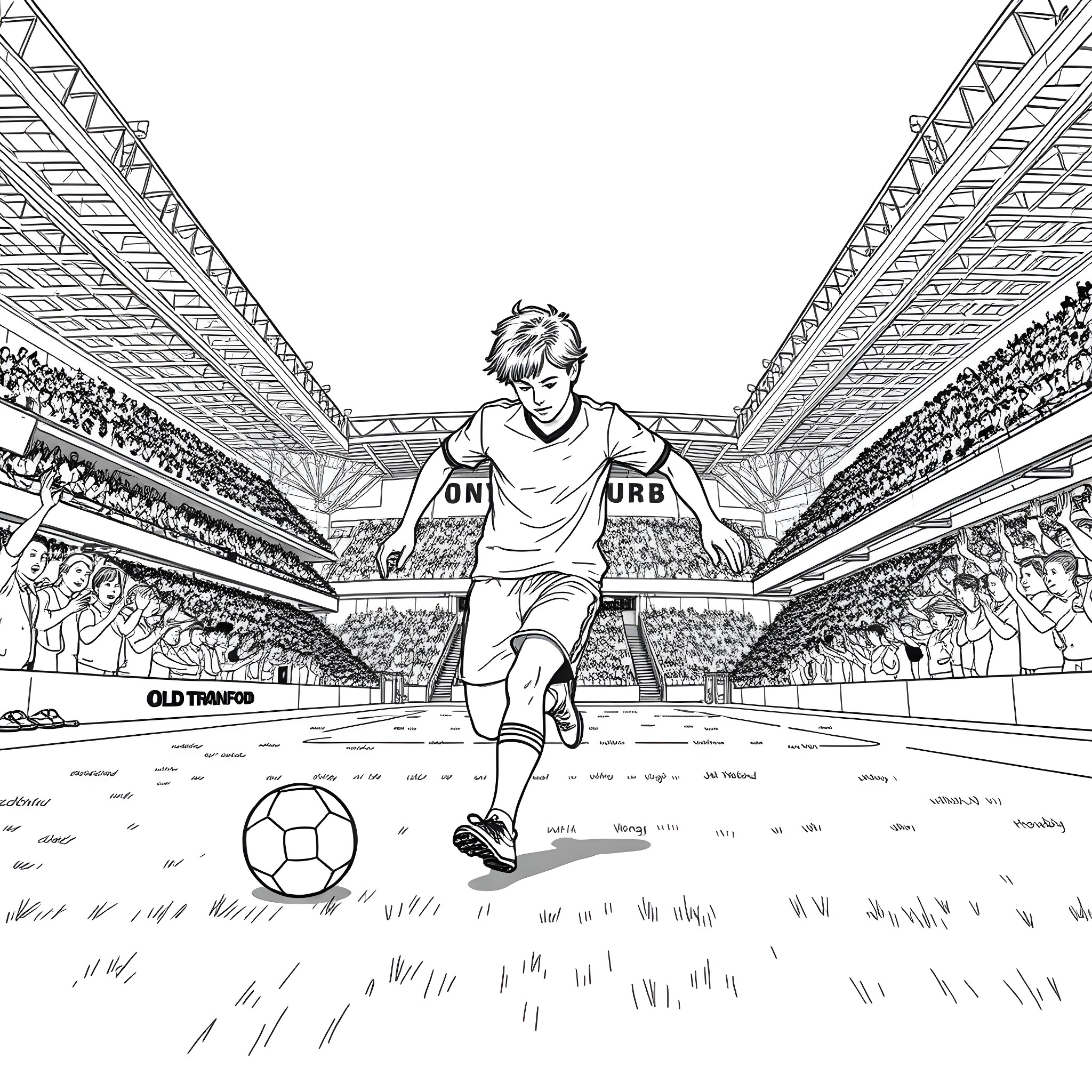 Percy Jackson playing soccer on the field Coloring Page (free black-and-white line drawing printable PDF for all, from beginners to advanced learners, including children, teens, adults, and seniors)