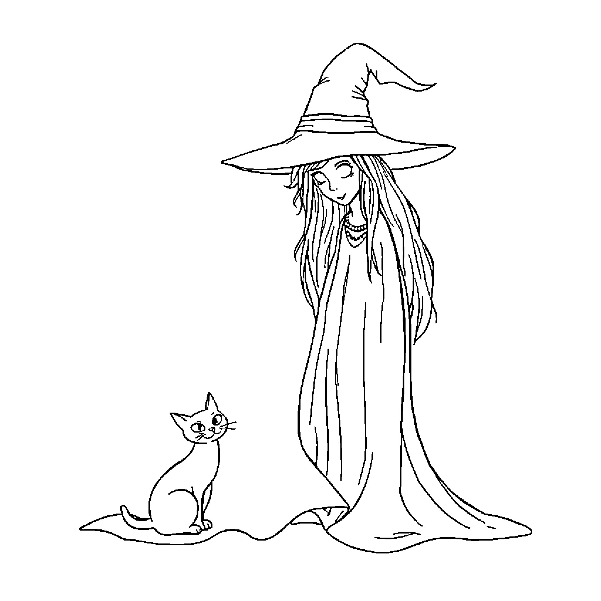 Cat witch with mysterious companion Coloring Page (free black-and-white line drawing printable PDF for all, from beginners to advanced learners, including children, teens, adults, and seniors)