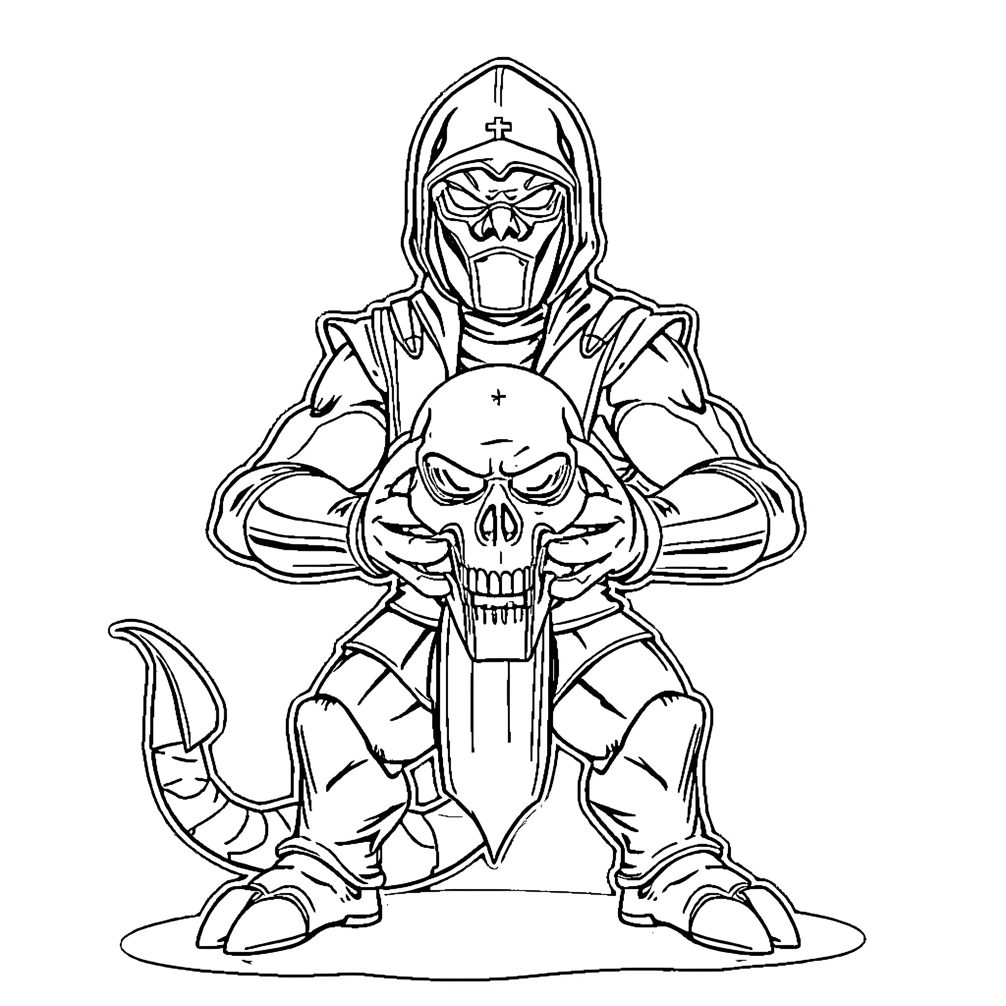 Scorpion Warrior with Skull Emblem and Menacing Pose Coloring Page (free black-and-white line drawing printable PDF for all, from beginners to advanced learners, including children, teens, adults, and seniors)