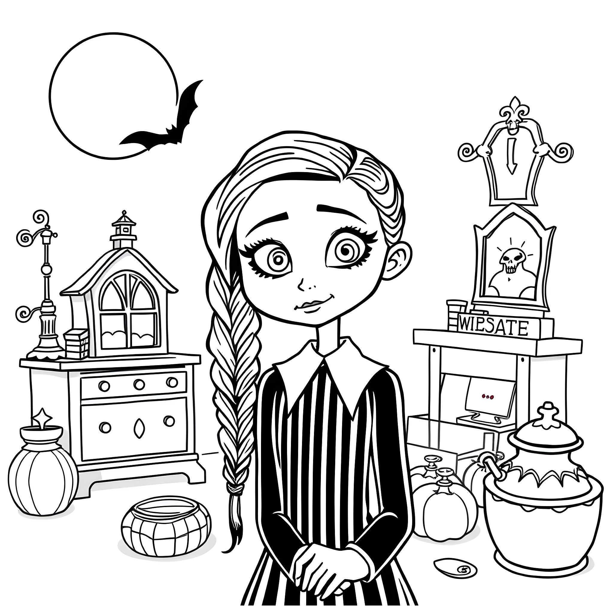 Wednesday Addams' Spooky and Enchanting Home Coloring Page (free black-and-white line drawing printable PDF for all, from beginners to advanced learners, including children, teens, adults, and seniors)