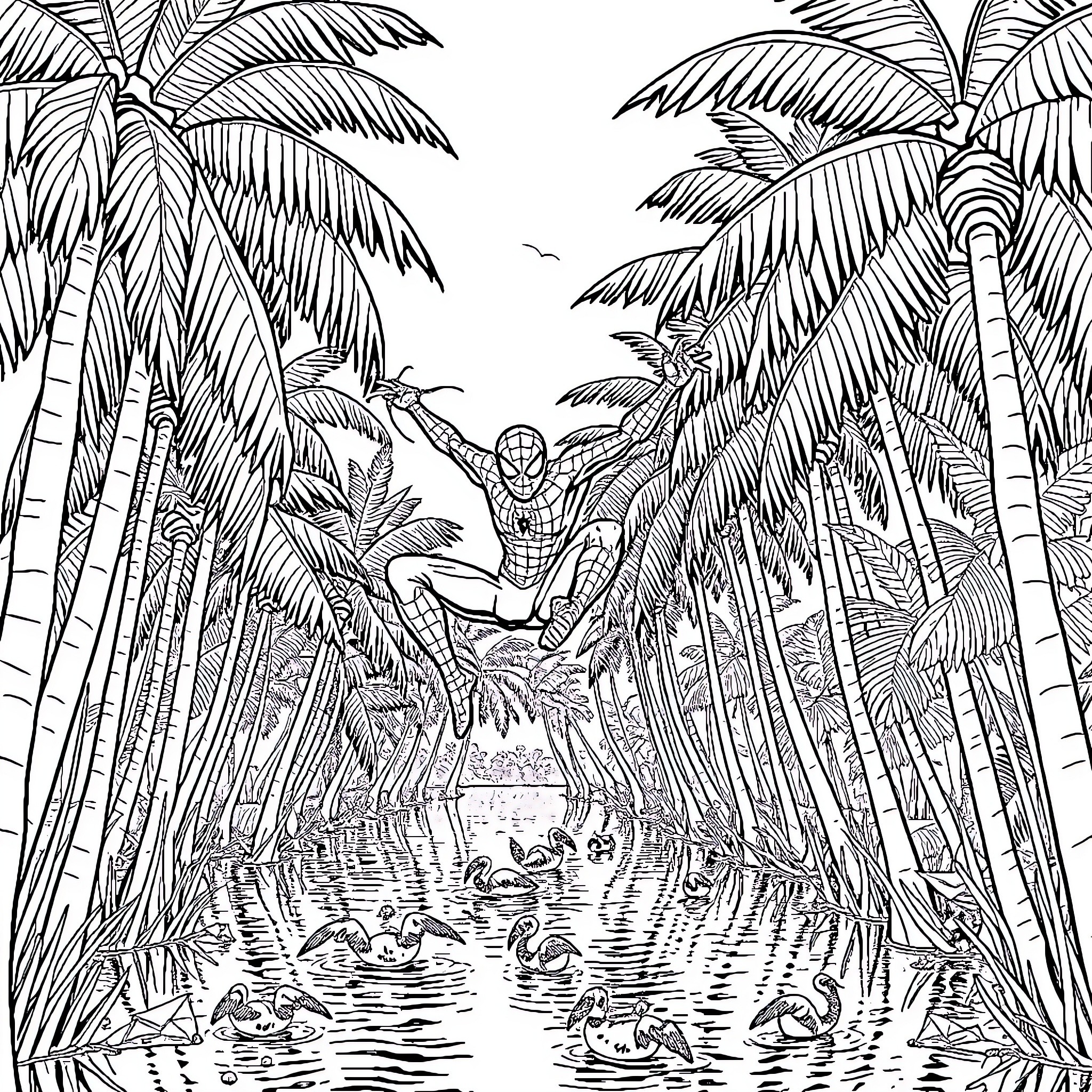 Spiderman swinging through a tropical jungle Coloring Page (free black-and-white line drawing printable PDF for all, from beginners to advanced learners, including children, teens, adults, and seniors)