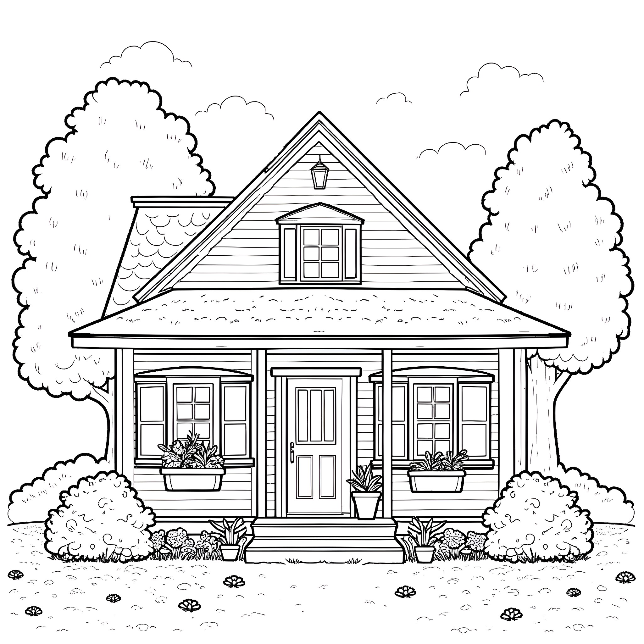 House with porch and landscaping in a country setting Coloring Page (free black-and-white line drawing printable PDF for all, from beginners to advanced learners, including children, teens, adults, and seniors)