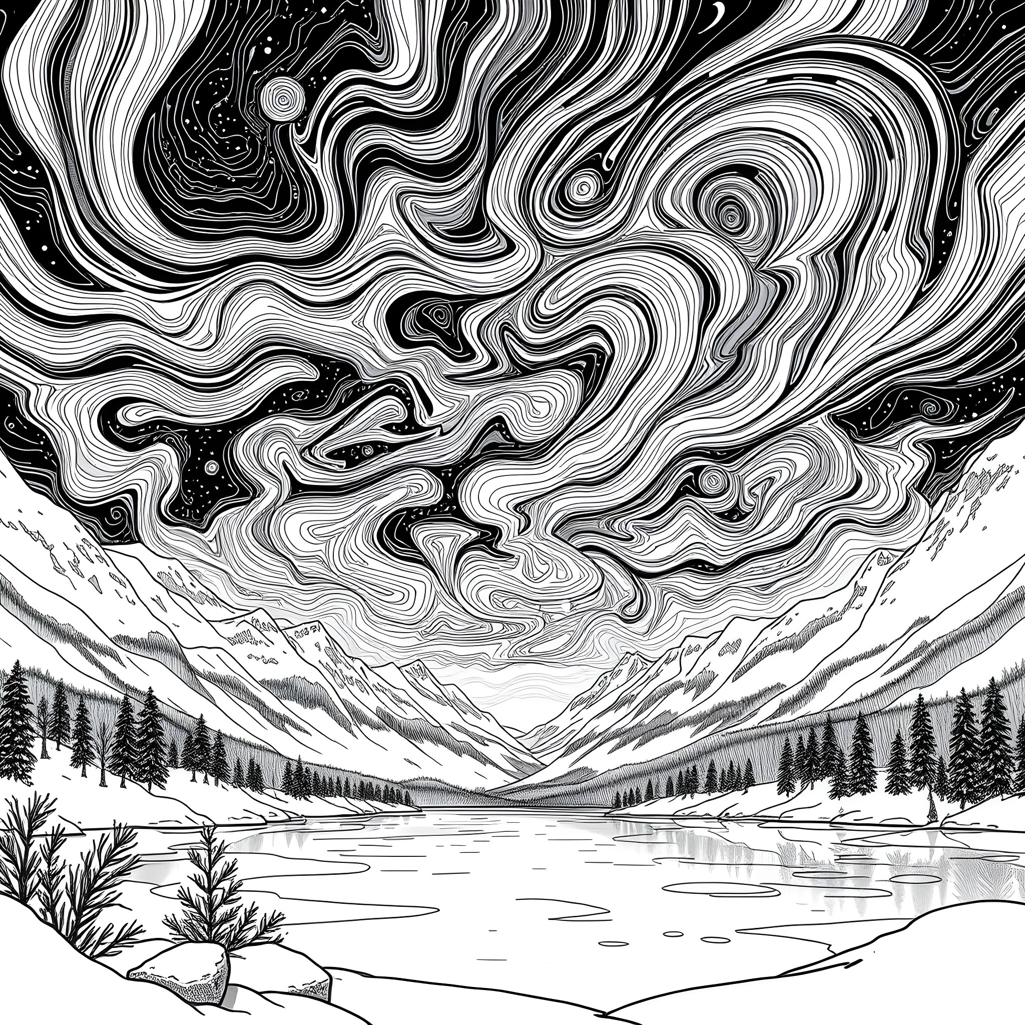 Northern Lights over a serene mountain landscape Coloring Page (free black-and-white line drawing printable PDF for all, from beginners to advanced learners, including children, teens, adults, and seniors)