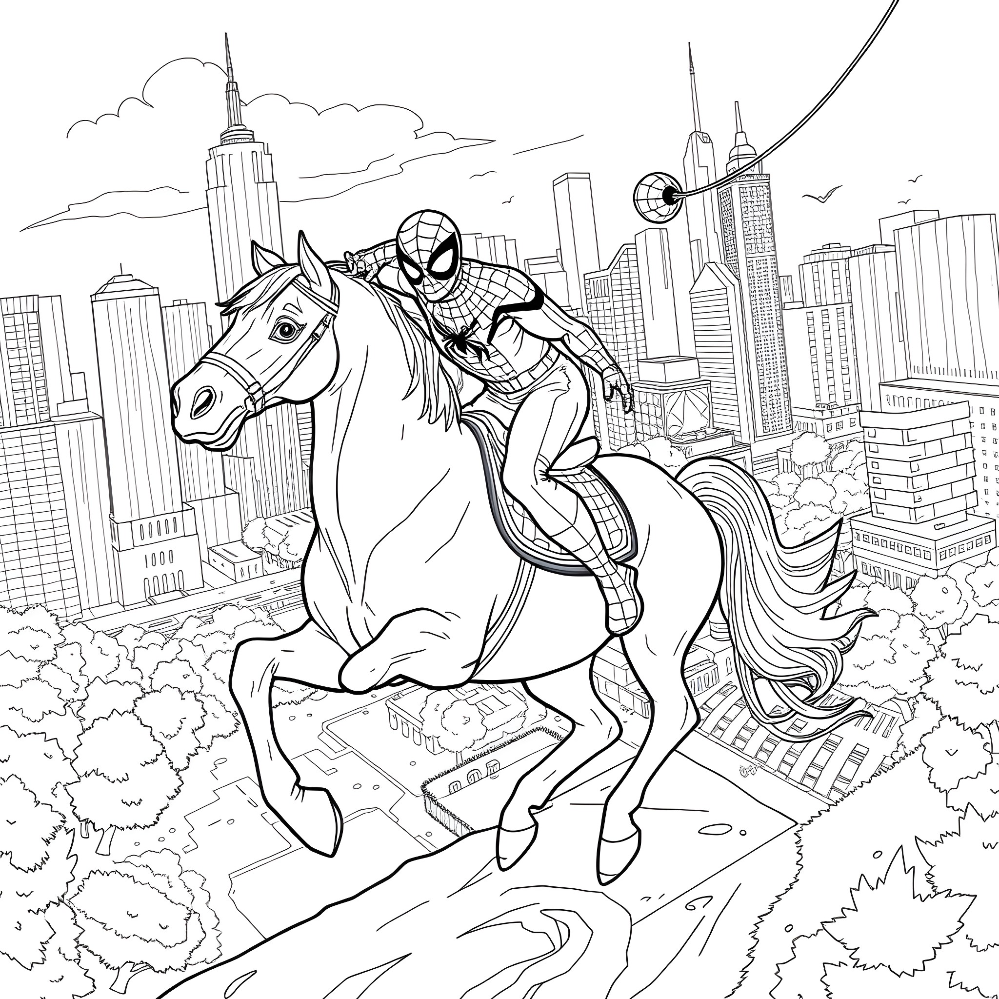 Spiderman riding a horse through the city Coloring Page (free black-and-white line drawing printable PDF for all, from beginners to advanced learners, including children, teens, adults, and seniors)