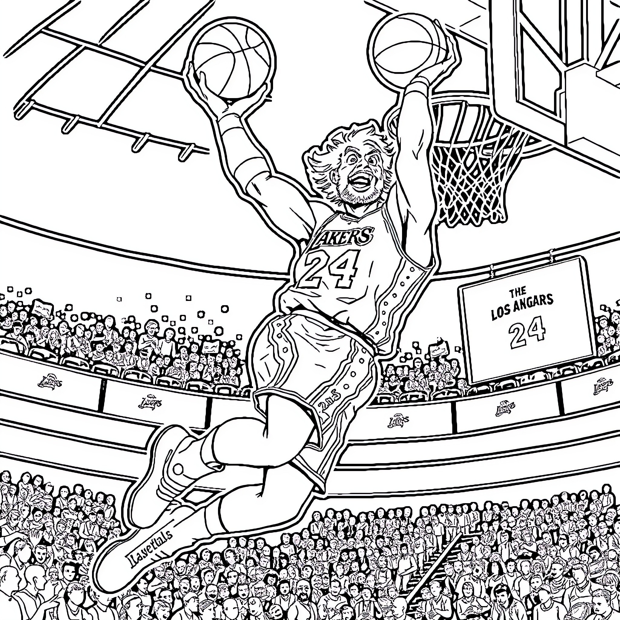 Sting of a Basketball Player Dunking on the Court Coloring Page (free black-and-white line drawing printable PDF for all, from beginners to advanced learners, including children, teens, adults, and seniors)