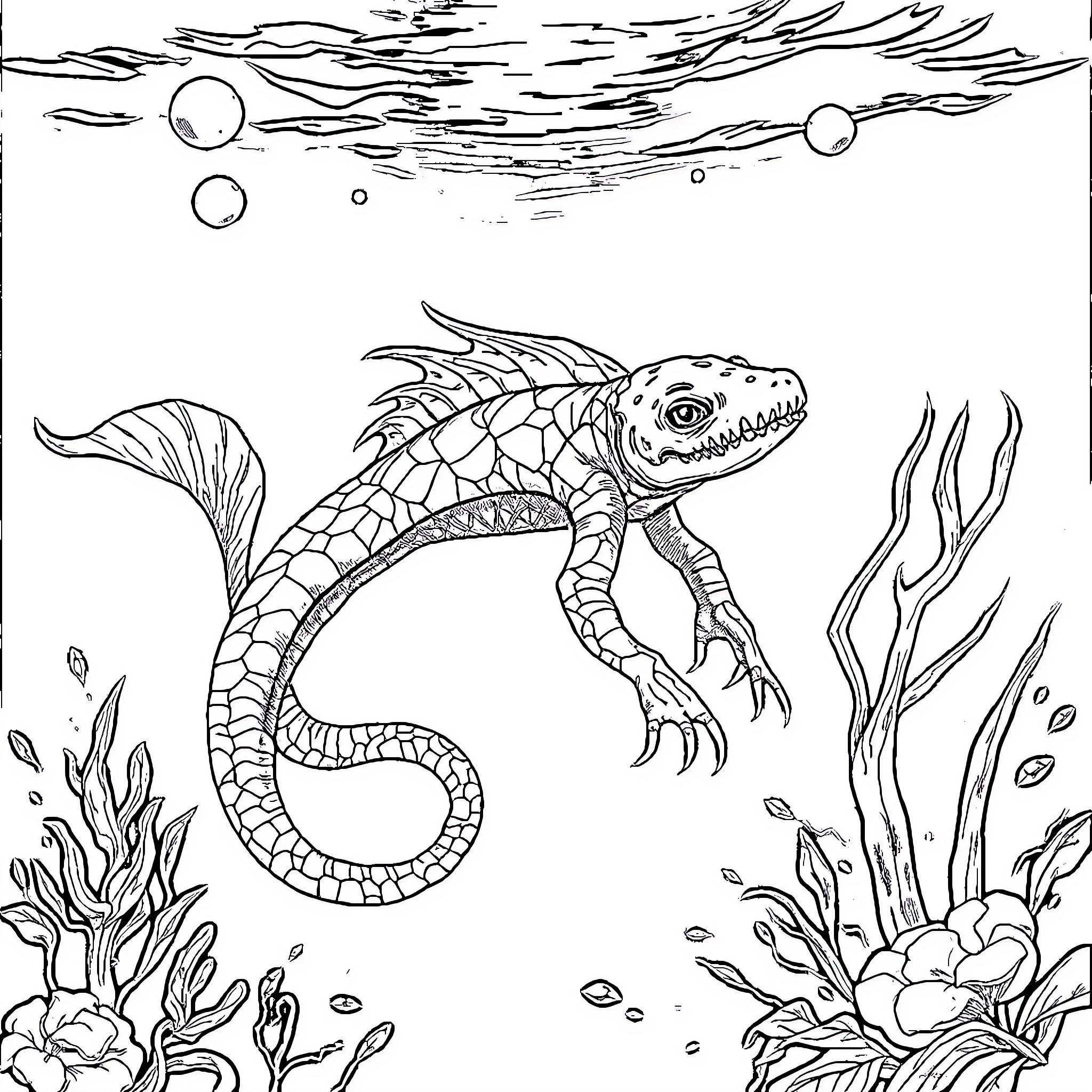 Creature swimming underwater with aquatic plants Coloring Page (free black-and-white line drawing printable PDF for all, from beginners to advanced learners, including children, teens, adults, and seniors)