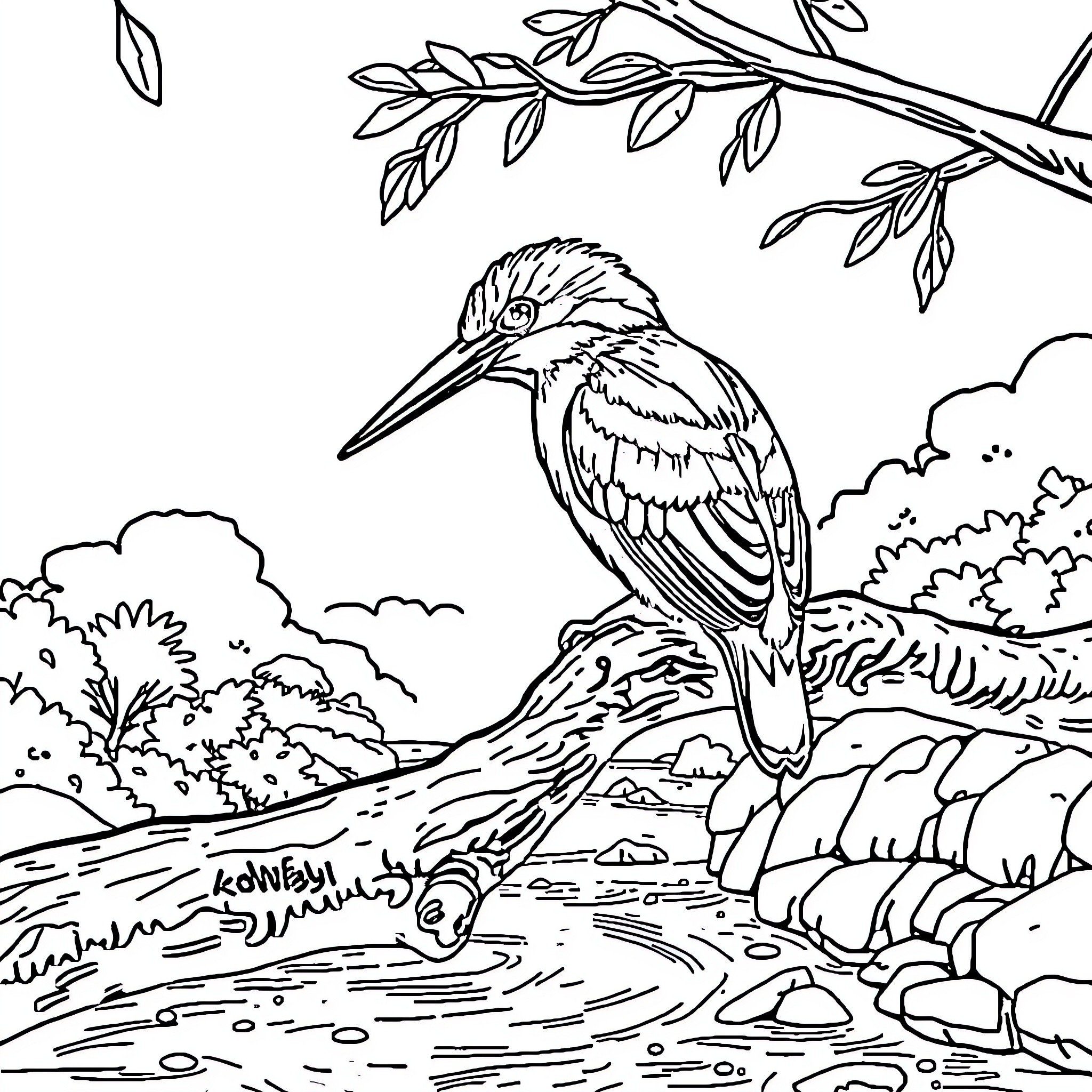 Kingfisher perched on branch overlooking serene waterway Coloring Page (free black-and-white line drawing printable PDF for all, from beginners to advanced learners, including children, teens, adults, and seniors)