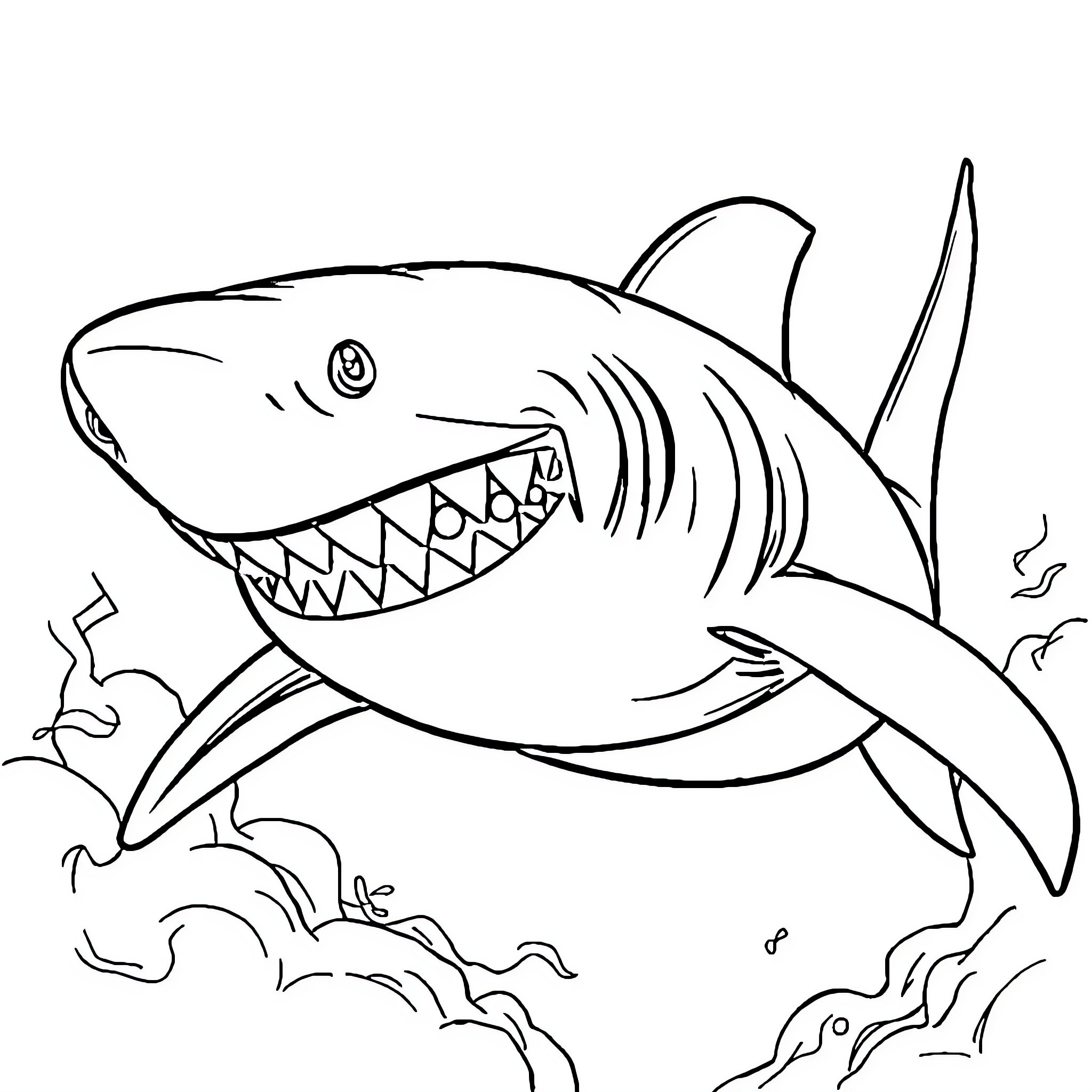 Shark diving aggressively through the waves Coloring Page (free black-and-white line drawing printable PDF for all, from beginners to advanced learners, including children, teens, adults, and seniors)