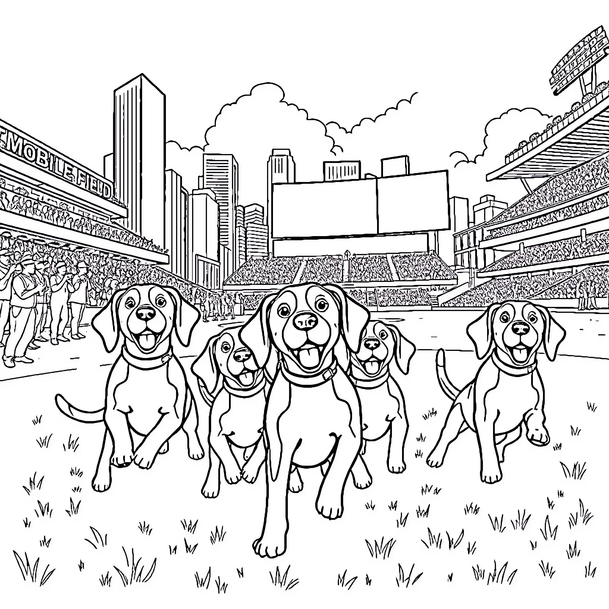 Beagles enjoying a day at the sports stadium Coloring Page (free black-and-white line drawing printable PDF for all, from beginners to advanced learners, including children, teens, adults, and seniors)