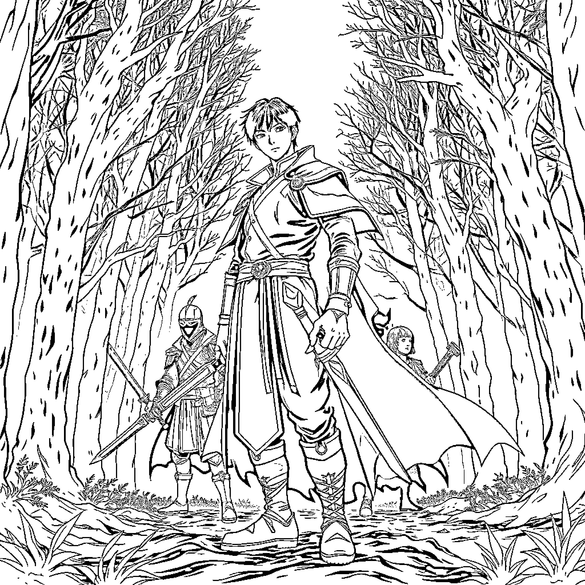 Sungjin Woo's Adventure in the Enchanted Forest Coloring Page (free black-and-white line drawing printable PDF for all, from beginners to advanced learners, including children, teens, adults, and seniors)