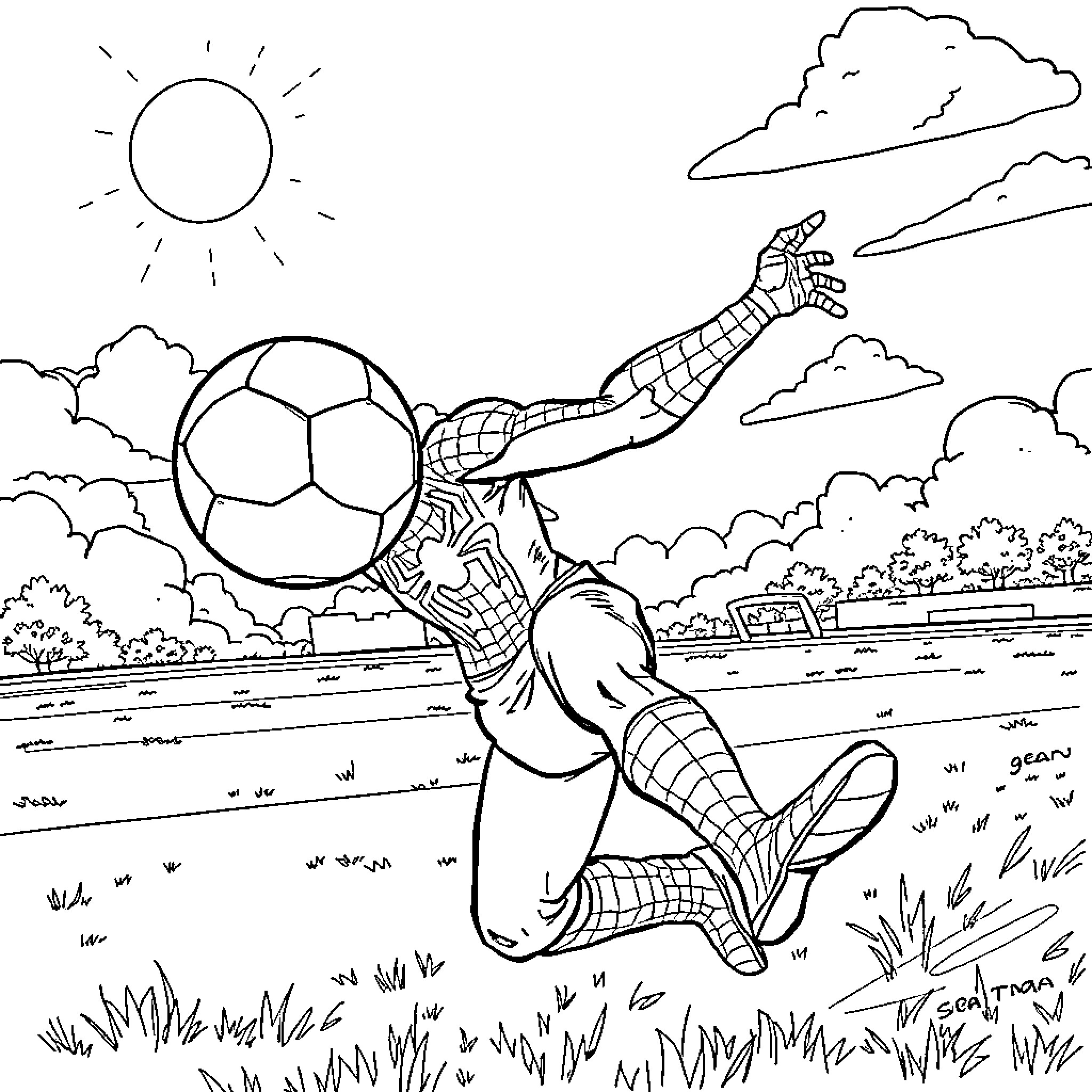 Spiderman kicking a soccer ball in a field Coloring Page (free black-and-white line drawing printable PDF for all, from beginners to advanced learners, including children, teens, adults, and seniors)