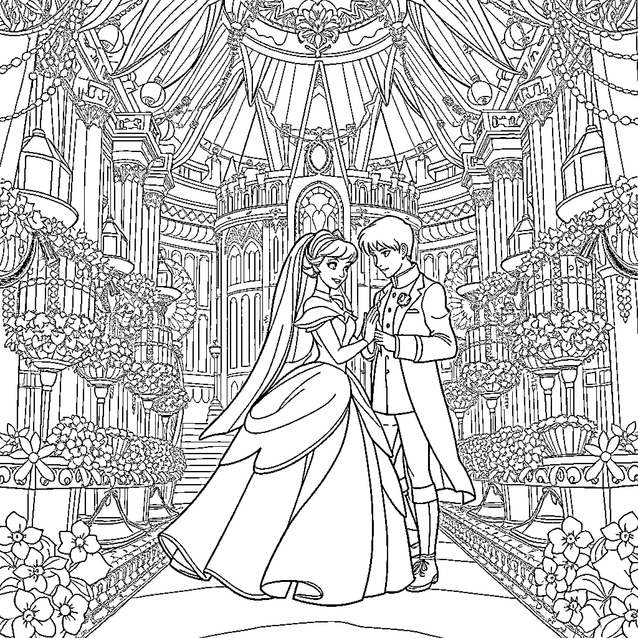 Cinderella's Magical Ballroom Dance Coloring Page (free black-and-white line drawing printable PDF for all, from beginners to advanced learners, including children, teens, adults, and seniors)