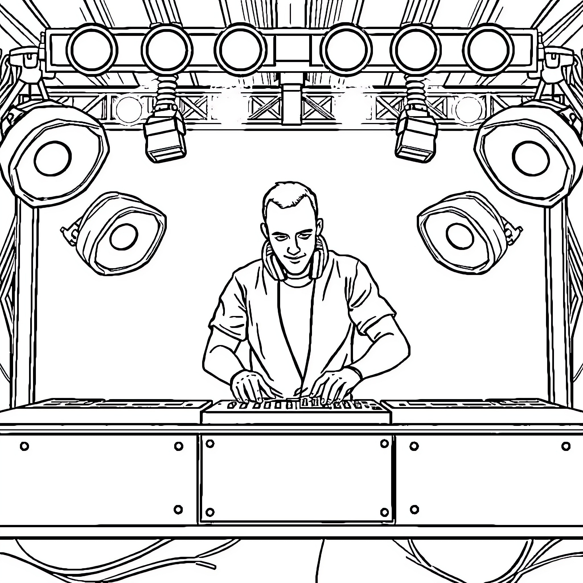 DJ Performing on Stage with Lighting Equipment Coloring Page (free black-and-white line drawing printable PDF for all, from beginners to advanced learners, including children, teens, adults, and seniors)