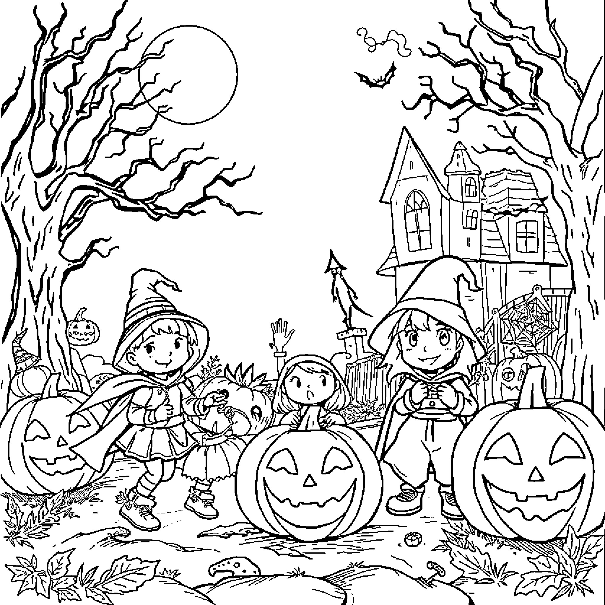 Halloween Trick-or-Treating Adventure Coloring Page (free black-and-white line drawing printable PDF for all, from beginners to advanced learners, including children, teens, adults, and seniors)