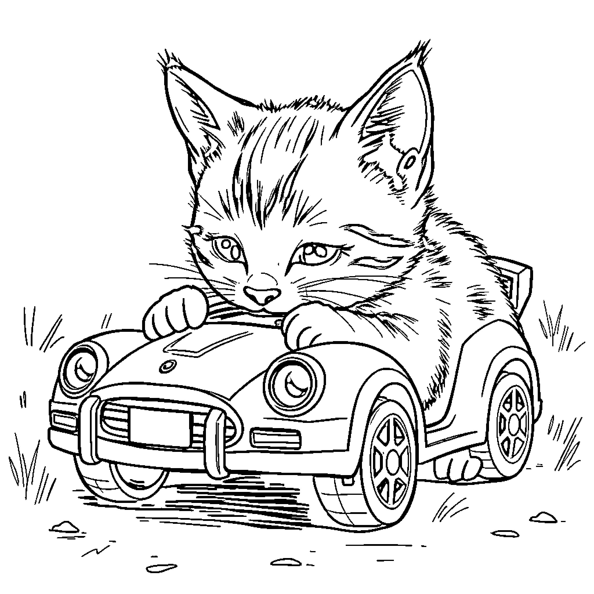 Cat in a Toy Car Coloring Page (free black-and-white line drawing printable PDF for all, from beginners to advanced learners, including children, teens, adults, and seniors)
