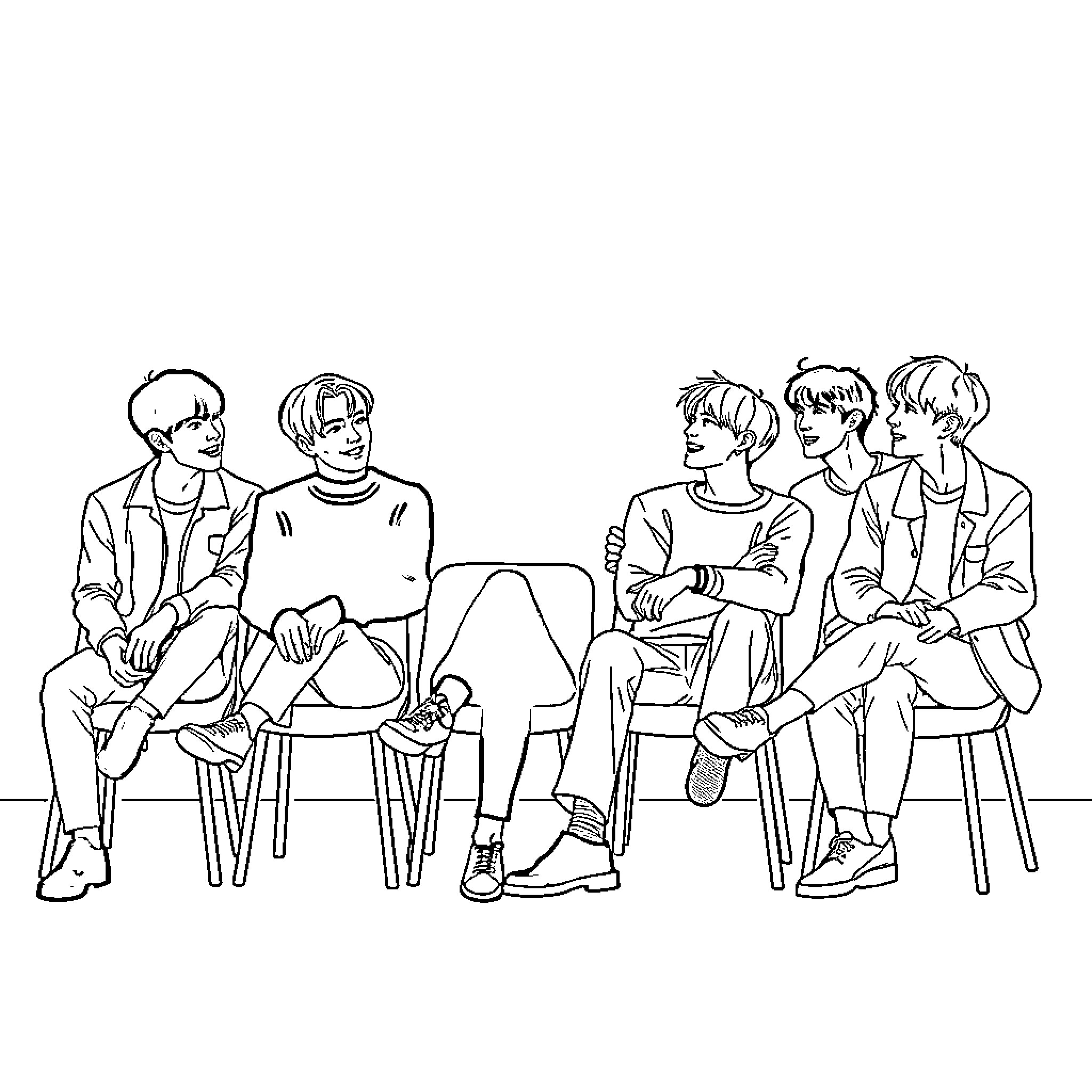 BTS members in casual outfits conversing Coloring Page (free black-and-white line drawing printable PDF for all, from beginners to advanced learners, including children, teens, adults, and seniors)