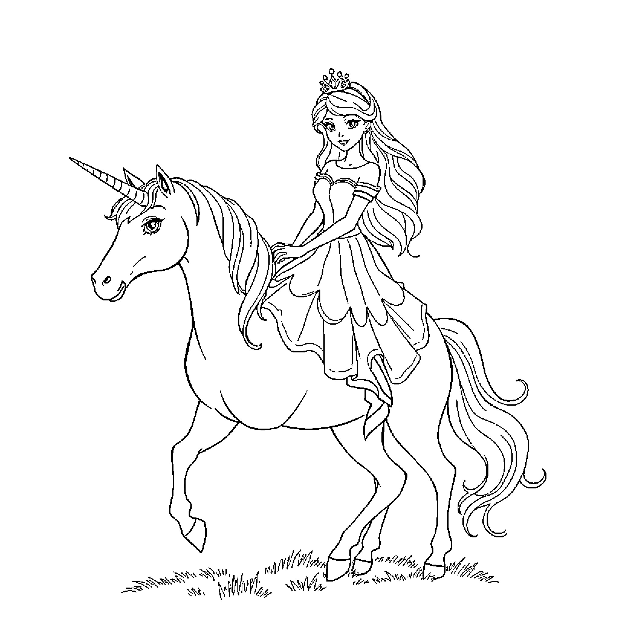 Princess riding magical unicorn through enchanted meadow Coloring Page (free black-and-white line drawing printable PDF for all, from beginners to advanced learners, including children, teens, adults, and seniors)