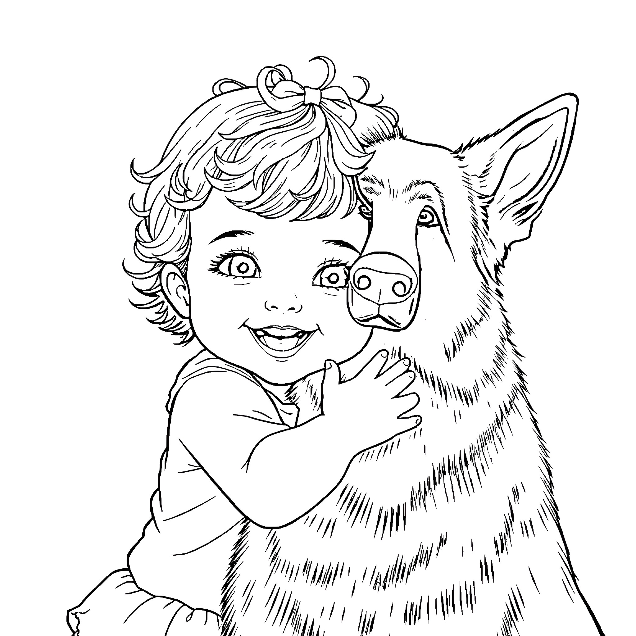 Baby hugging a furry animal friend Coloring Page (free black-and-white line drawing printable PDF for all, from beginners to advanced learners, including children, teens, adults, and seniors)