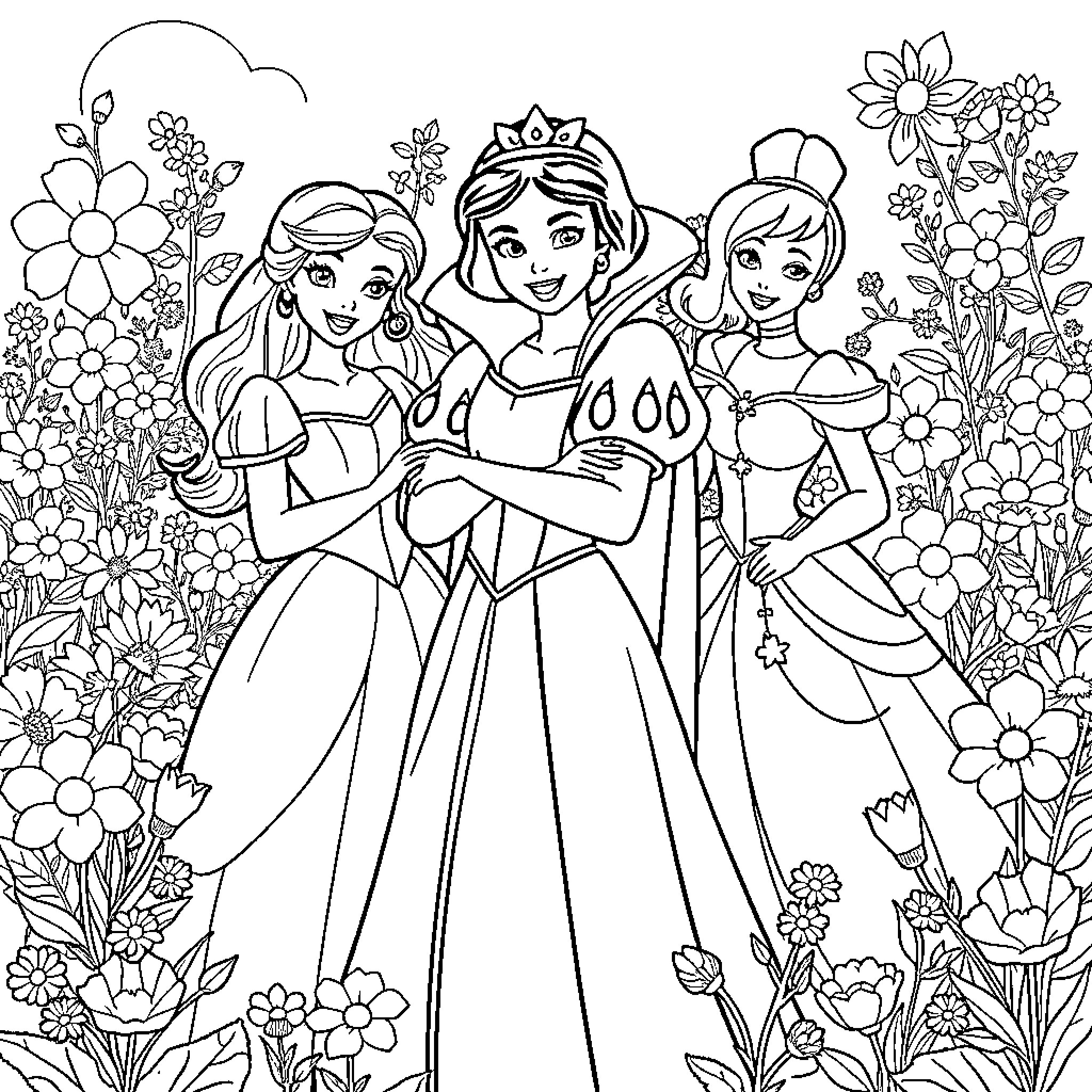 Princess Trio Posing Amidst Enchanting Floral Surroundings Coloring Page (free black-and-white line drawing printable PDF for all, from beginners to advanced learners, including children, teens, adults, and seniors)