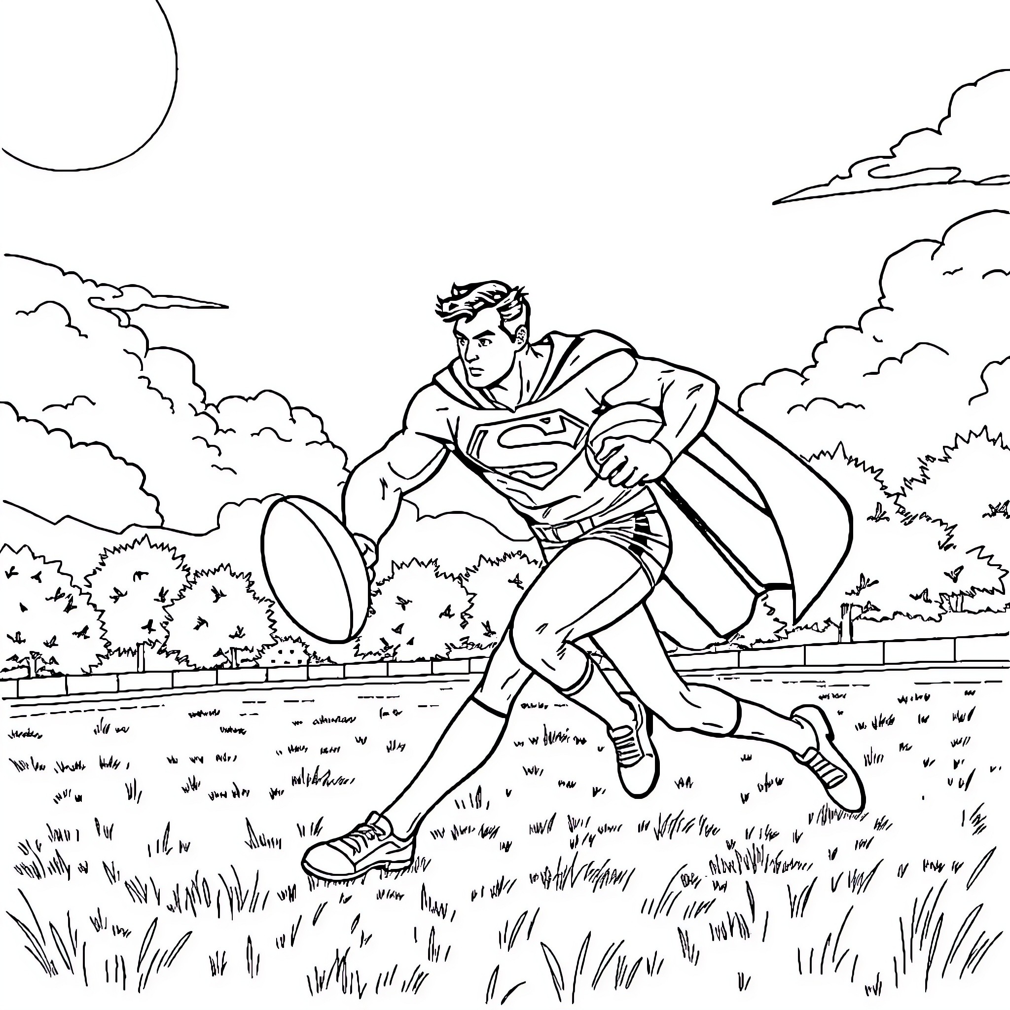 Superman heroically leaping into action in the countryside Coloring Page (free black-and-white line drawing printable PDF for all, from beginners to advanced learners, including children, teens, adults, and seniors)