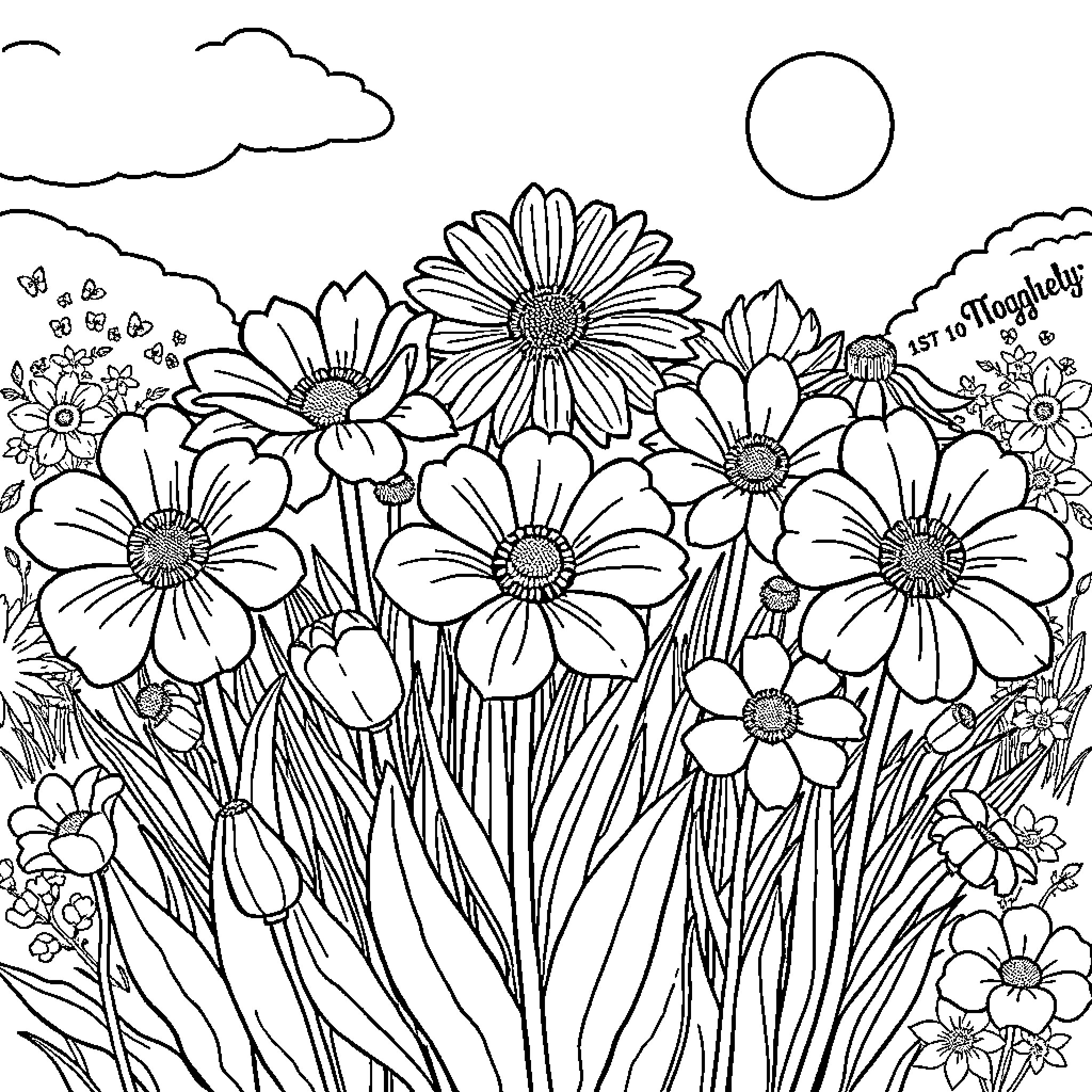 Frores in the Blooming Meadow Coloring Page (free black-and-white line drawing printable PDF for all, from beginners to advanced learners, including children, teens, adults, and seniors)