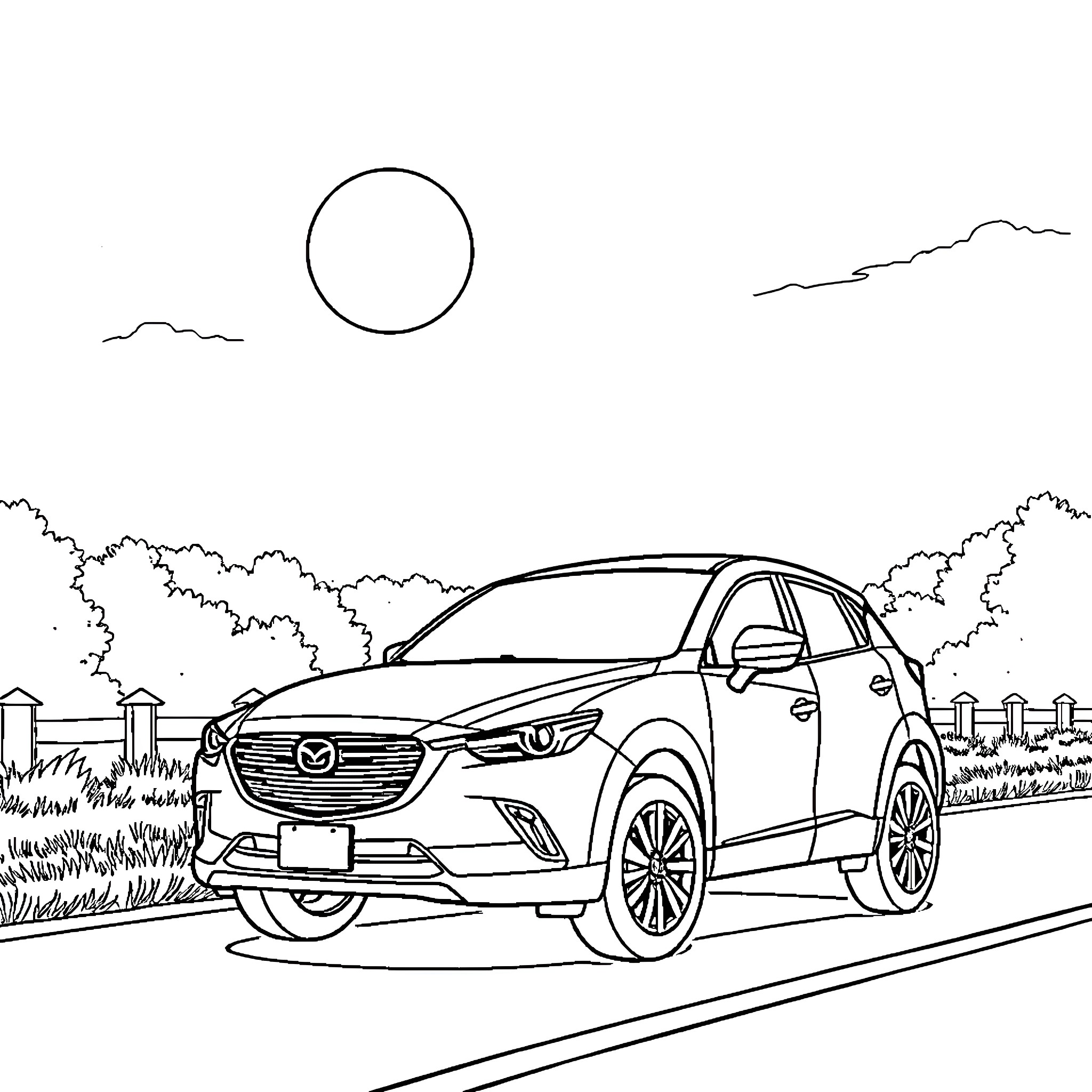 Mazda CX-50 driving through rural landscape Coloring Page (free black-and-white line drawing printable PDF for all, from beginners to advanced learners, including children, teens, adults, and seniors)