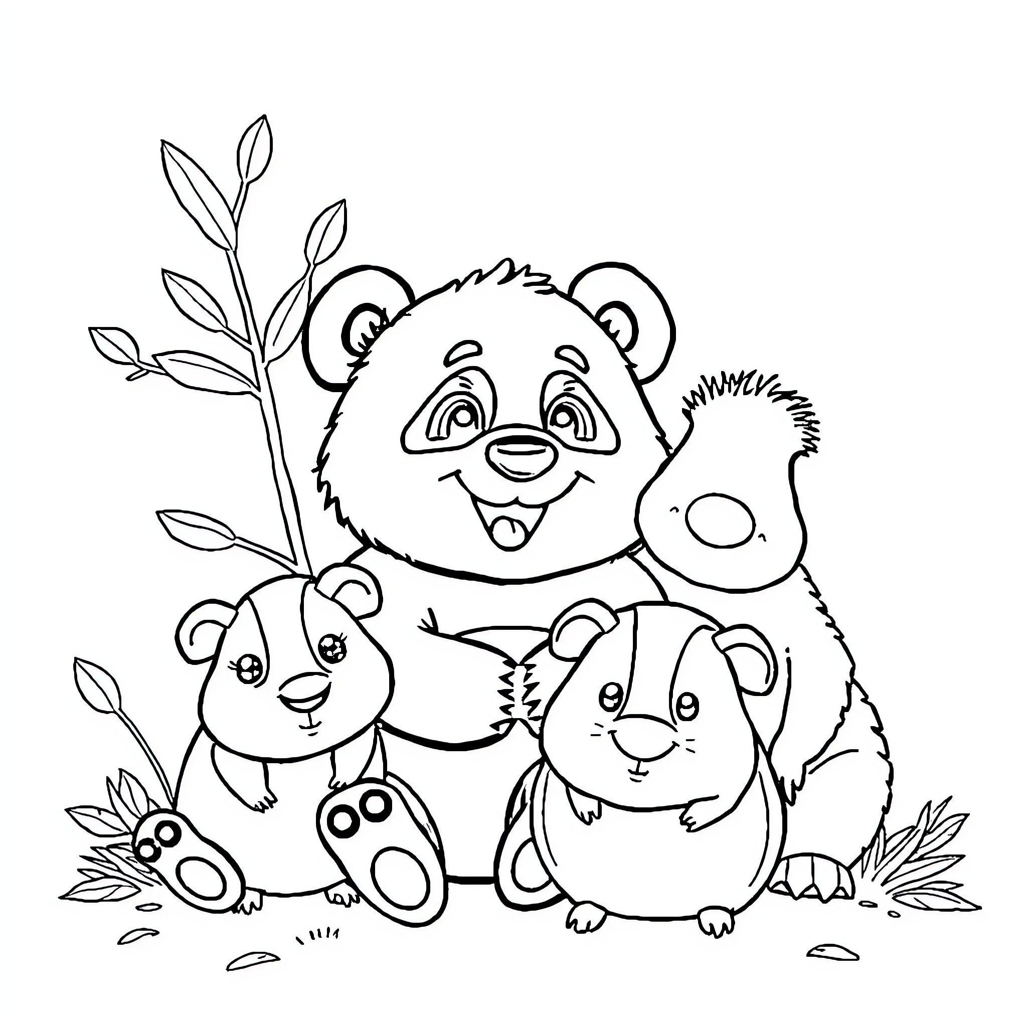 Panda family in the garden Coloring Page (free black-and-white line drawing printable PDF for all, from beginners to advanced learners, including children, teens, adults, and seniors)