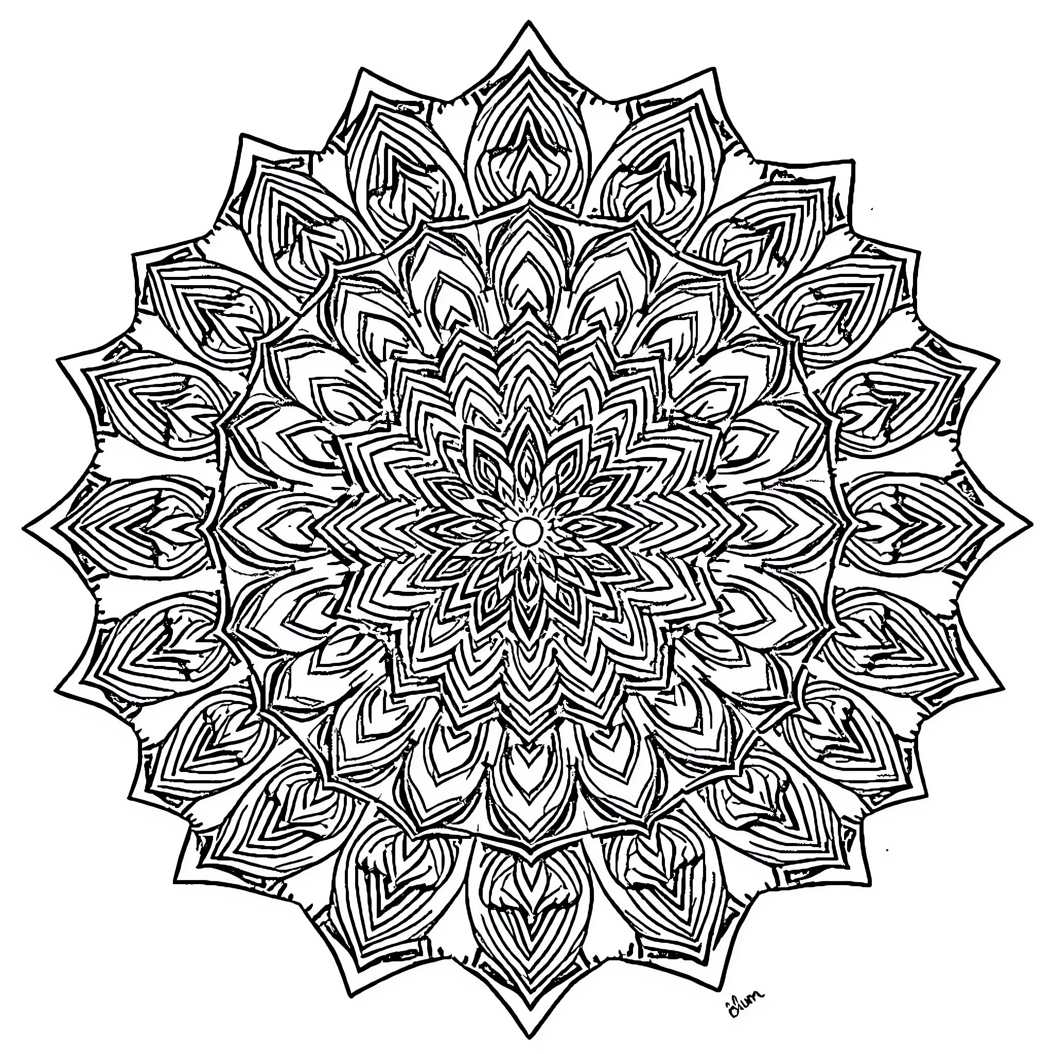 Mandala of intricate symmetrical patterns Coloring Page (free black-and-white line drawing printable PDF for all, from beginners to advanced learners, including children, teens, adults, and seniors)