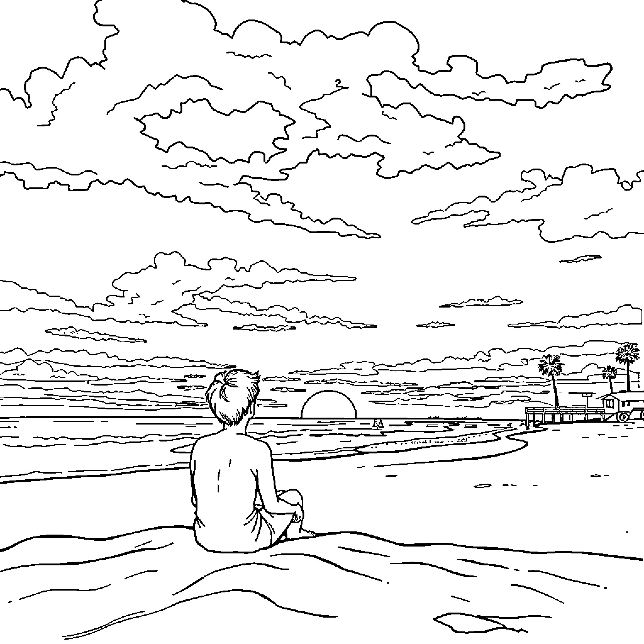 Person sitting and admiring the scenic sunset view Coloring Page (free black-and-white line drawing printable PDF for all, from beginners to advanced learners, including children, teens, adults, and seniors)