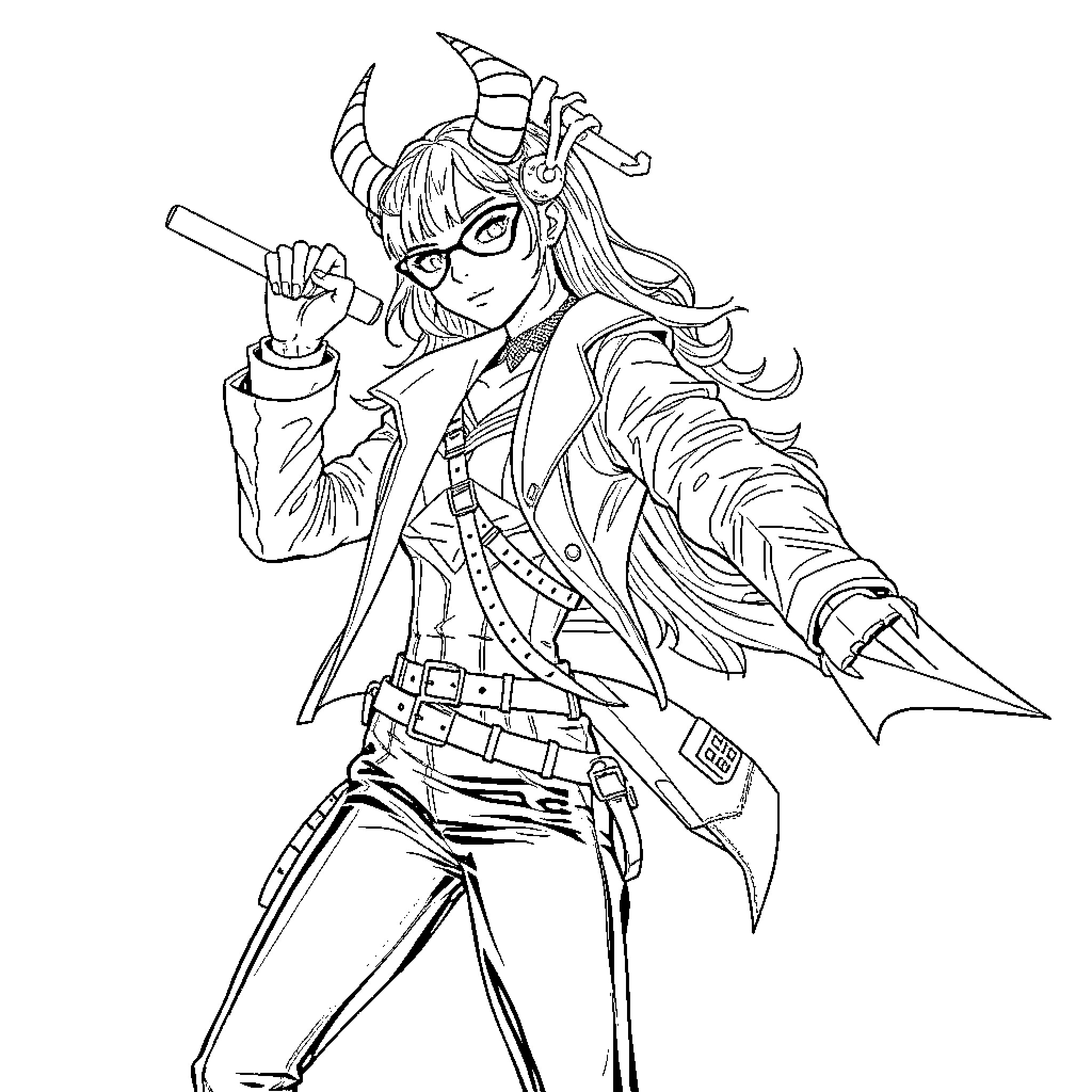Huntrix Warrior's Fierce Determination Coloring Page (free black-and-white line drawing printable PDF for all, from beginners to advanced learners, including children, teens, adults, and seniors)