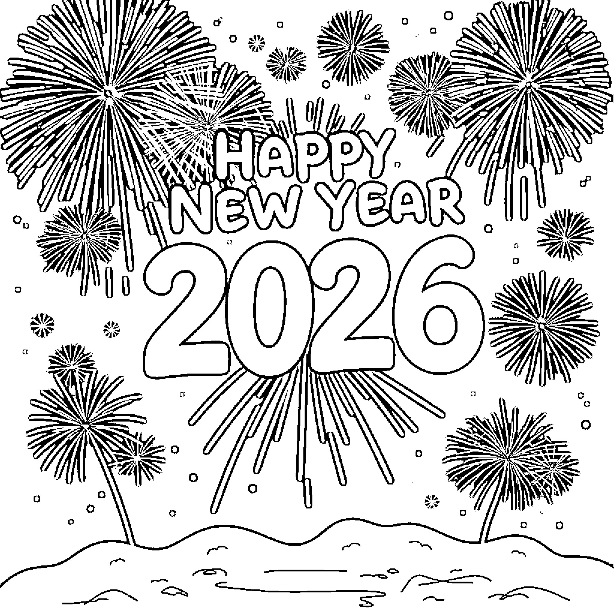 New Year celebration with fireworks display Coloring Page (free black-and-white line drawing printable PDF for all, from beginners to advanced learners, including children, teens, adults, and seniors)
