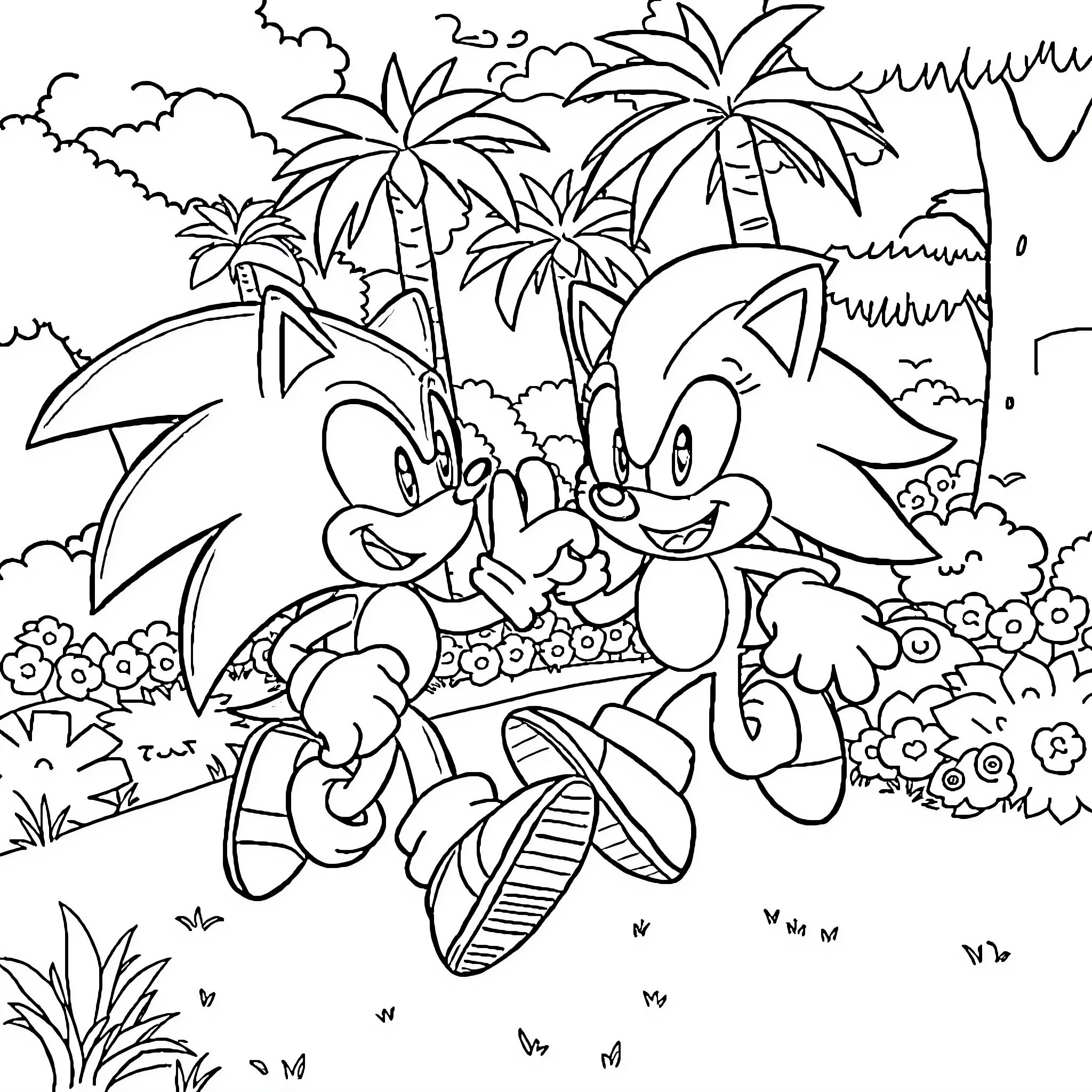 Sonic and Friends Explore Tropical Wonderland Coloring Page (free black-and-white line drawing printable PDF for all, from beginners to advanced learners, including children, teens, adults, and seniors)